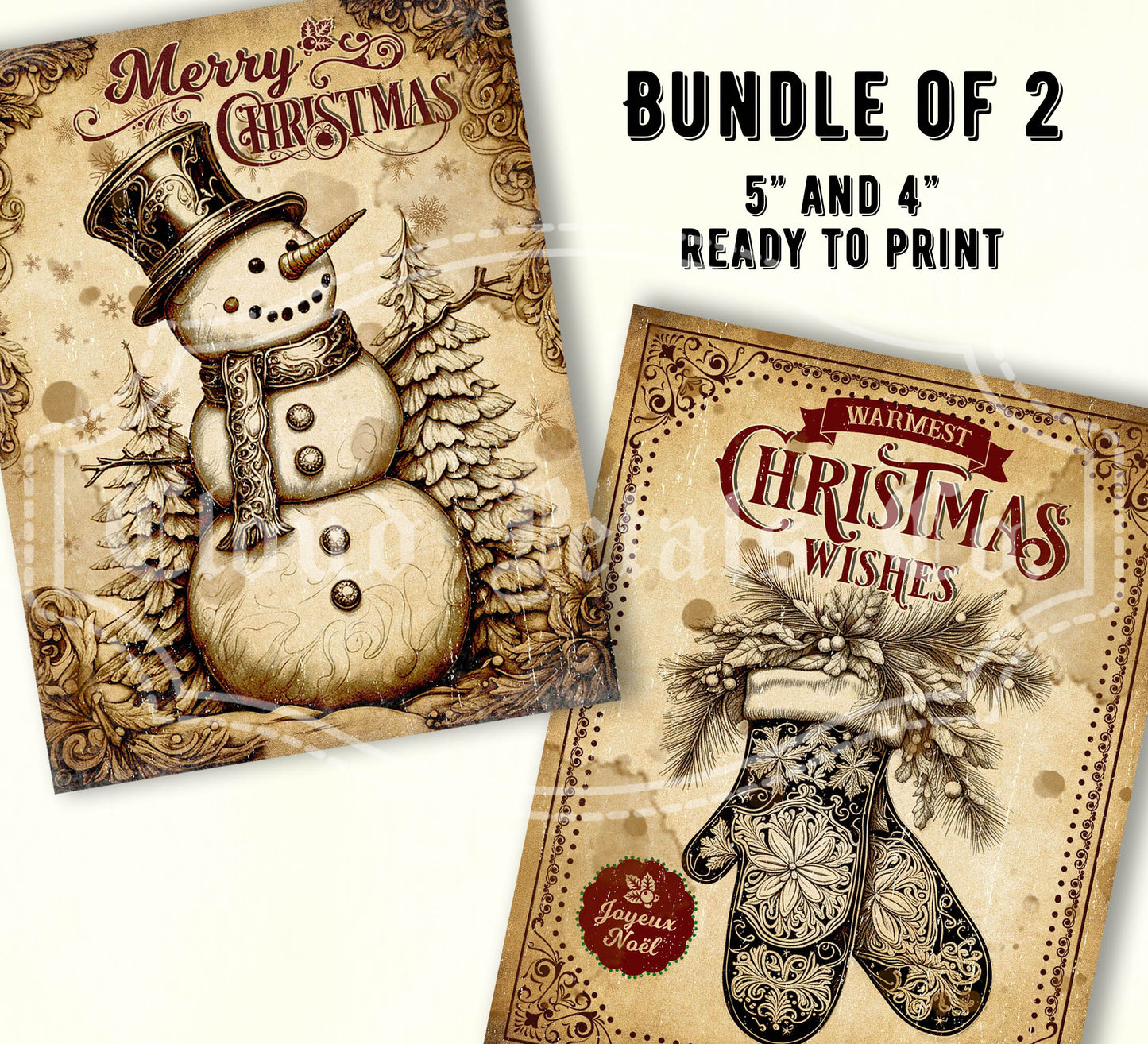 Two Christmas-themed greeting cards with a snowman and mittens on a beige background.