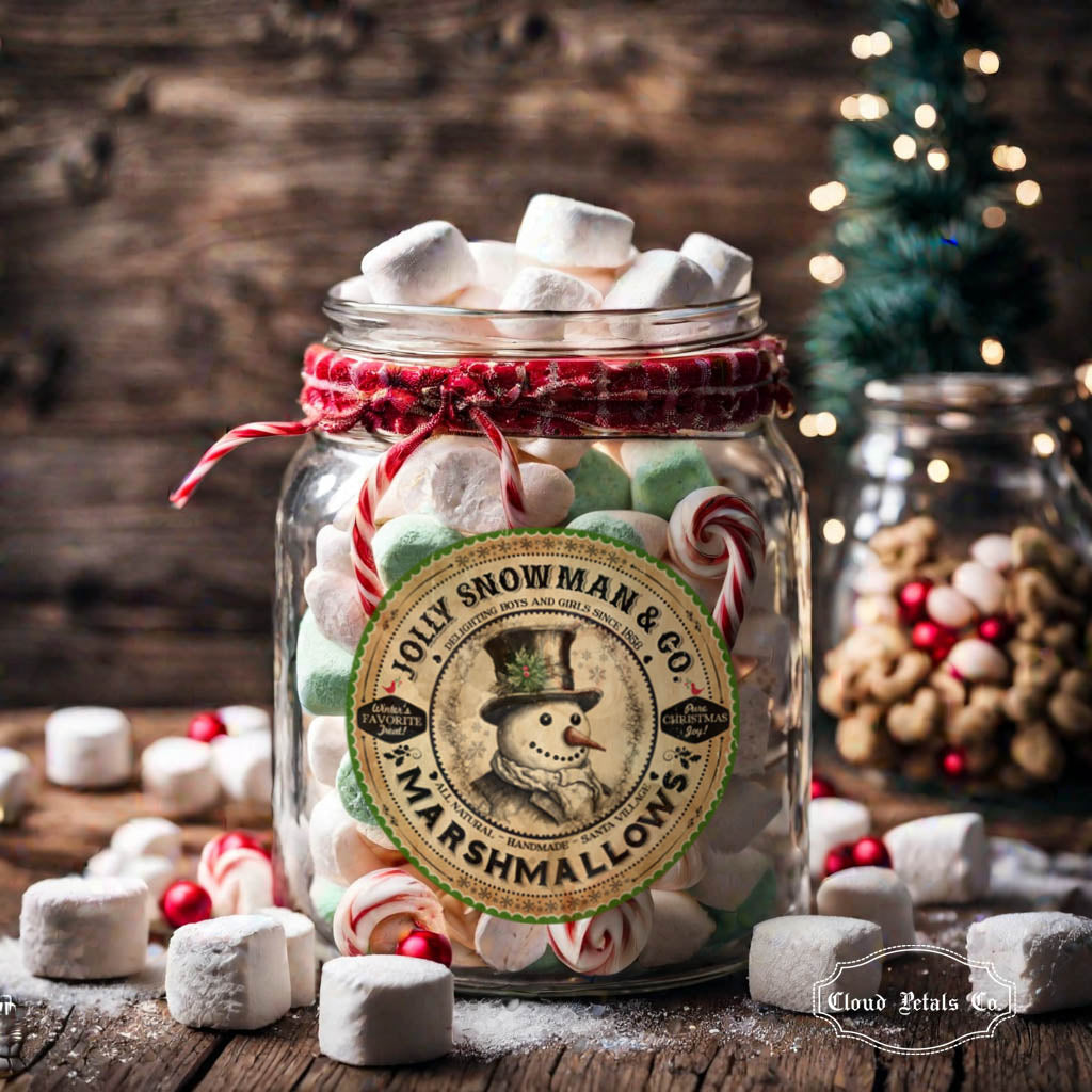 Jar of marshmallows with a festive label on a wooden table.