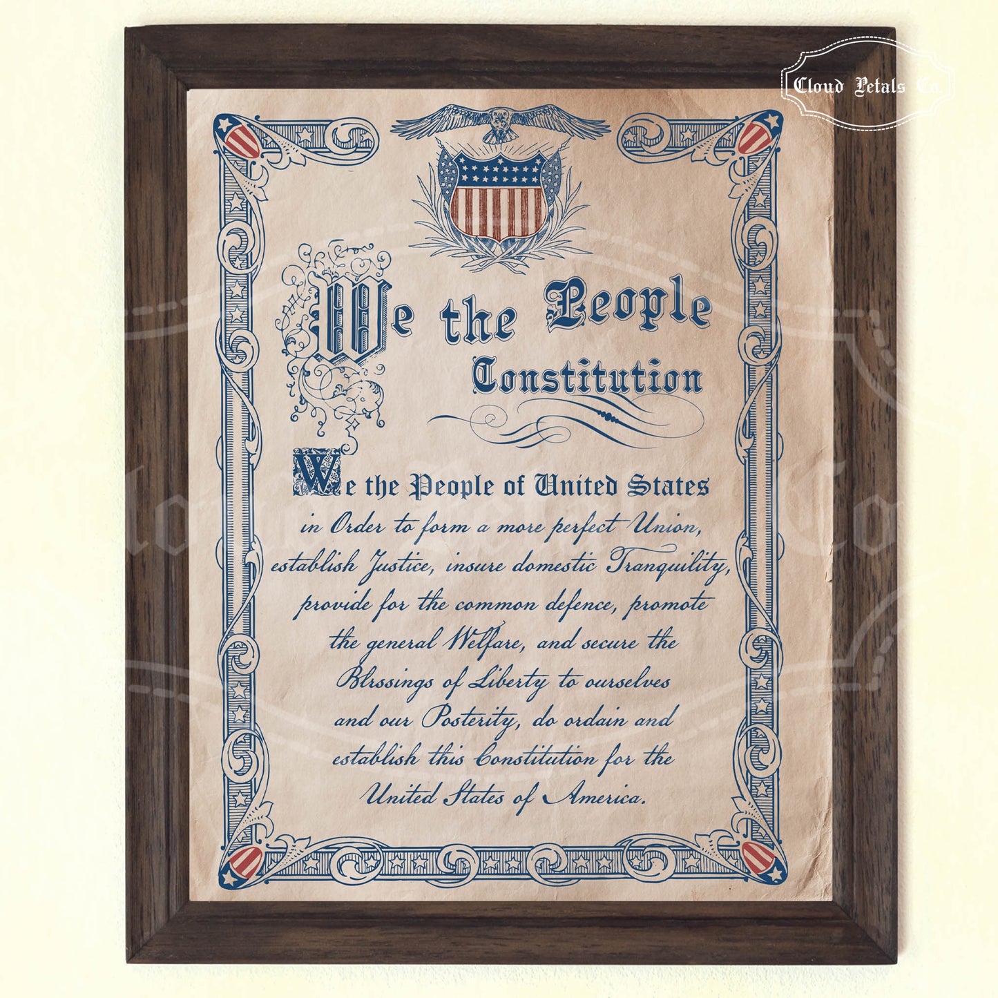 Framed copy of the U.S. Constitution with decorative elements