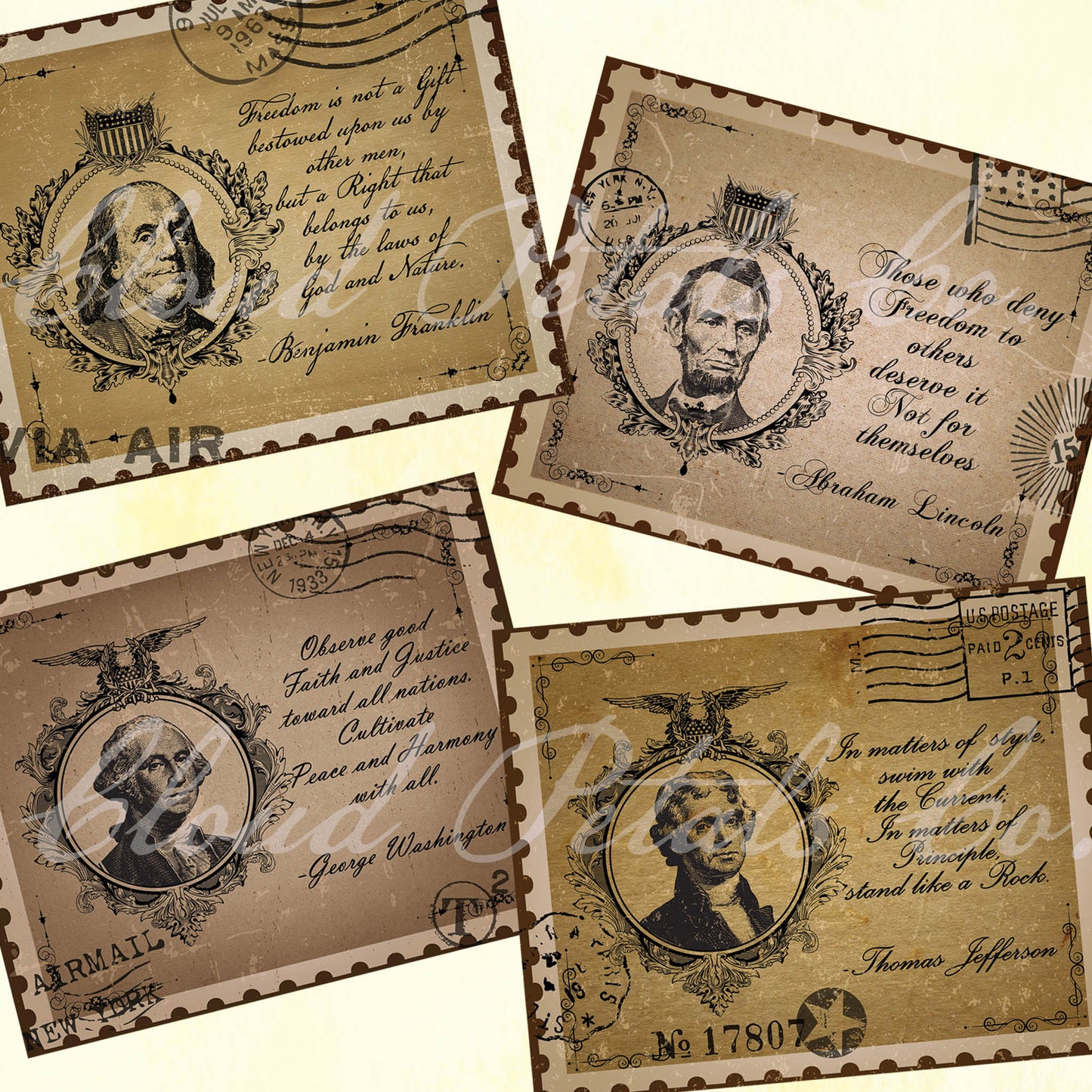 Set of vintage-style postcards with USA presidents