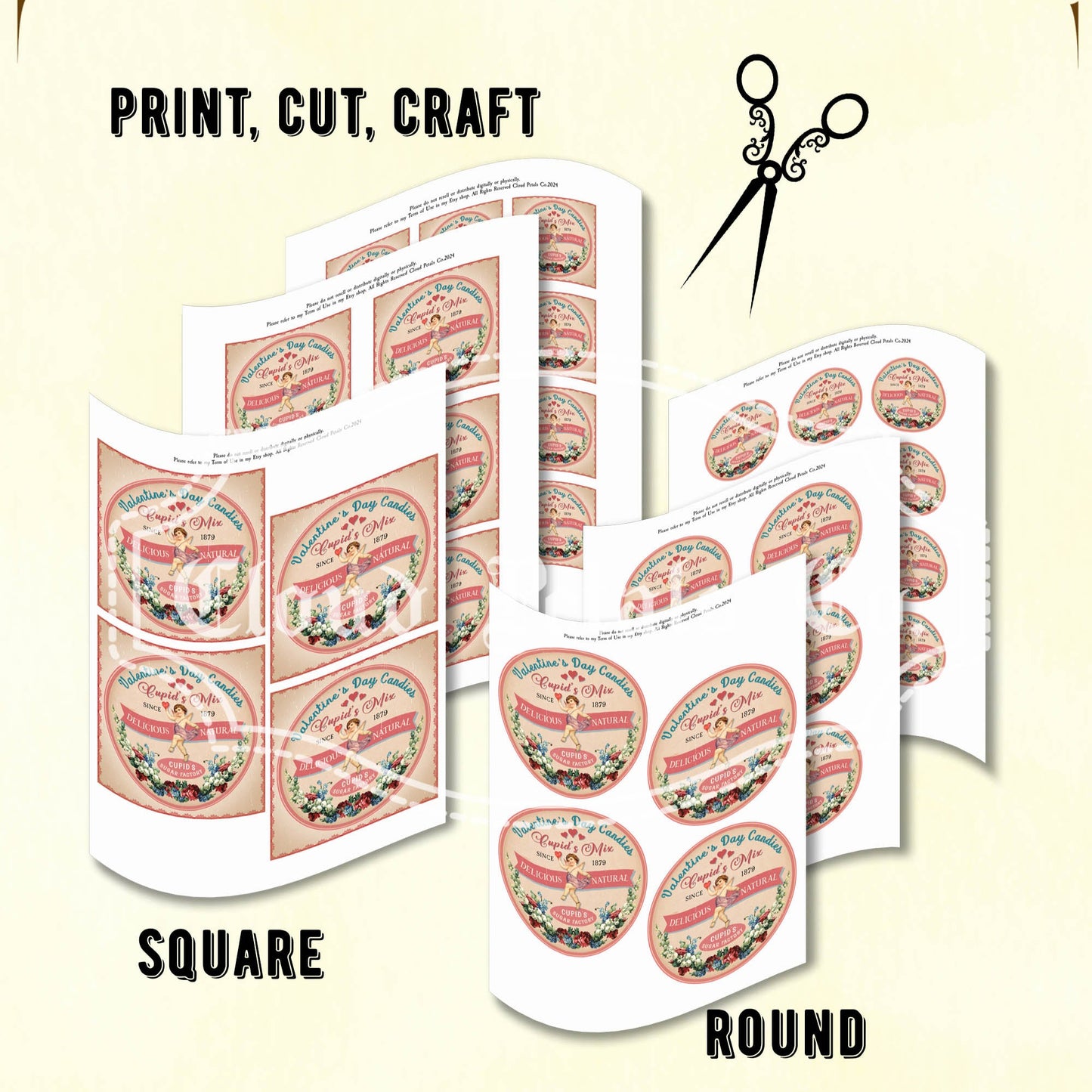 Vintage-style Valentine's Cupid mix labels with scissors illustration on a beige background