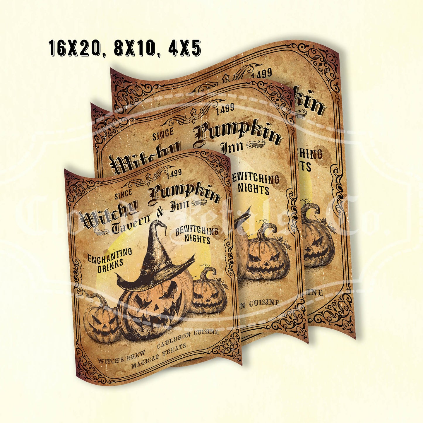 Vintage-style Halloween-themed paper with pumpkins and text on a old paper background