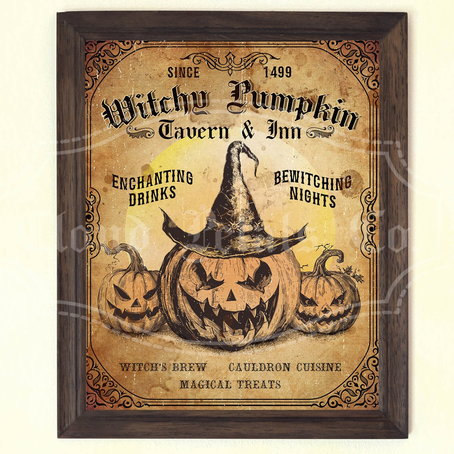 Vintage-style sign for Witchy Pumpkin Tavern & Inn with pumpkins and a witch's hat.