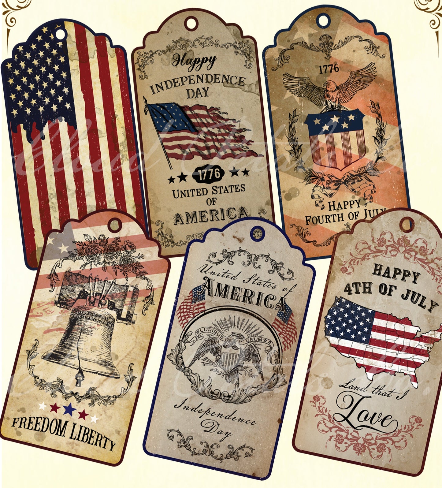 A collection of vintage style 4th of July tags with various designs including the American flag, eagle, and freedom-related imagery.