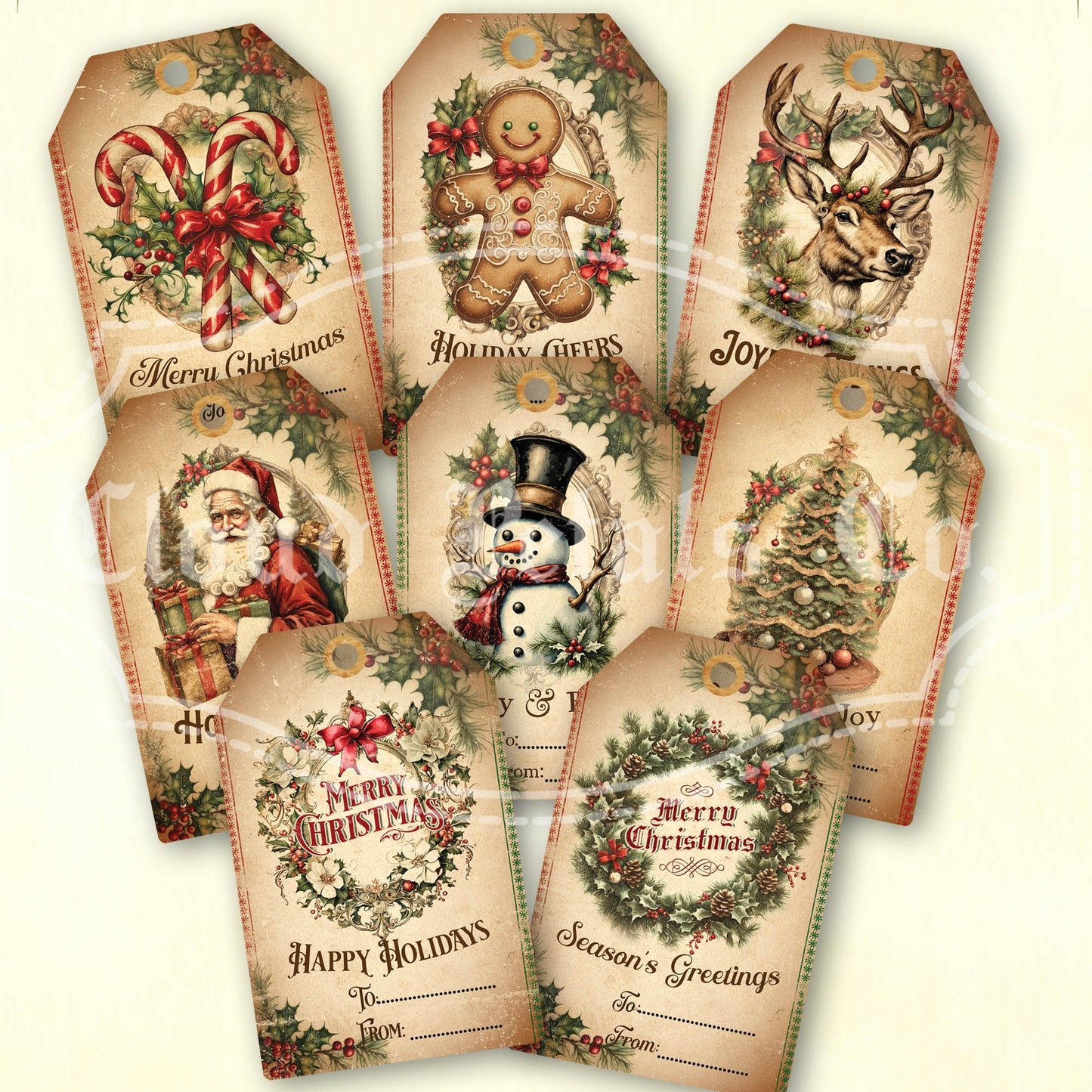 Vintage-style Christmas gift tags with different designs on a beige background.
