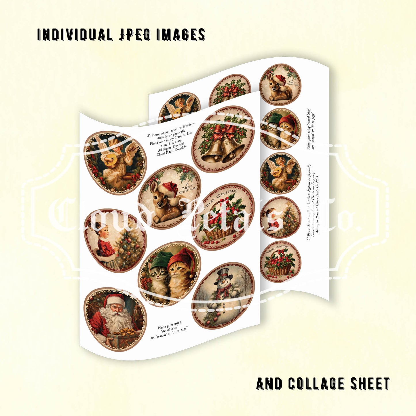 Sheet of Christmas-themed stickers with a collage sheet on a beige background