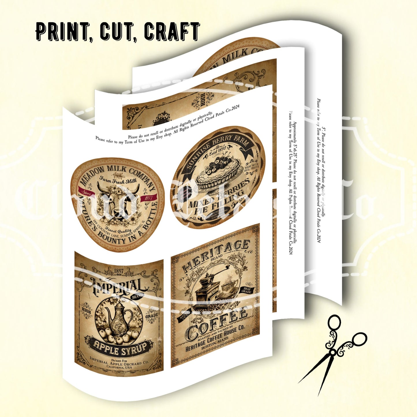 Vintage style pantry labels packaging with scissors on a beige background