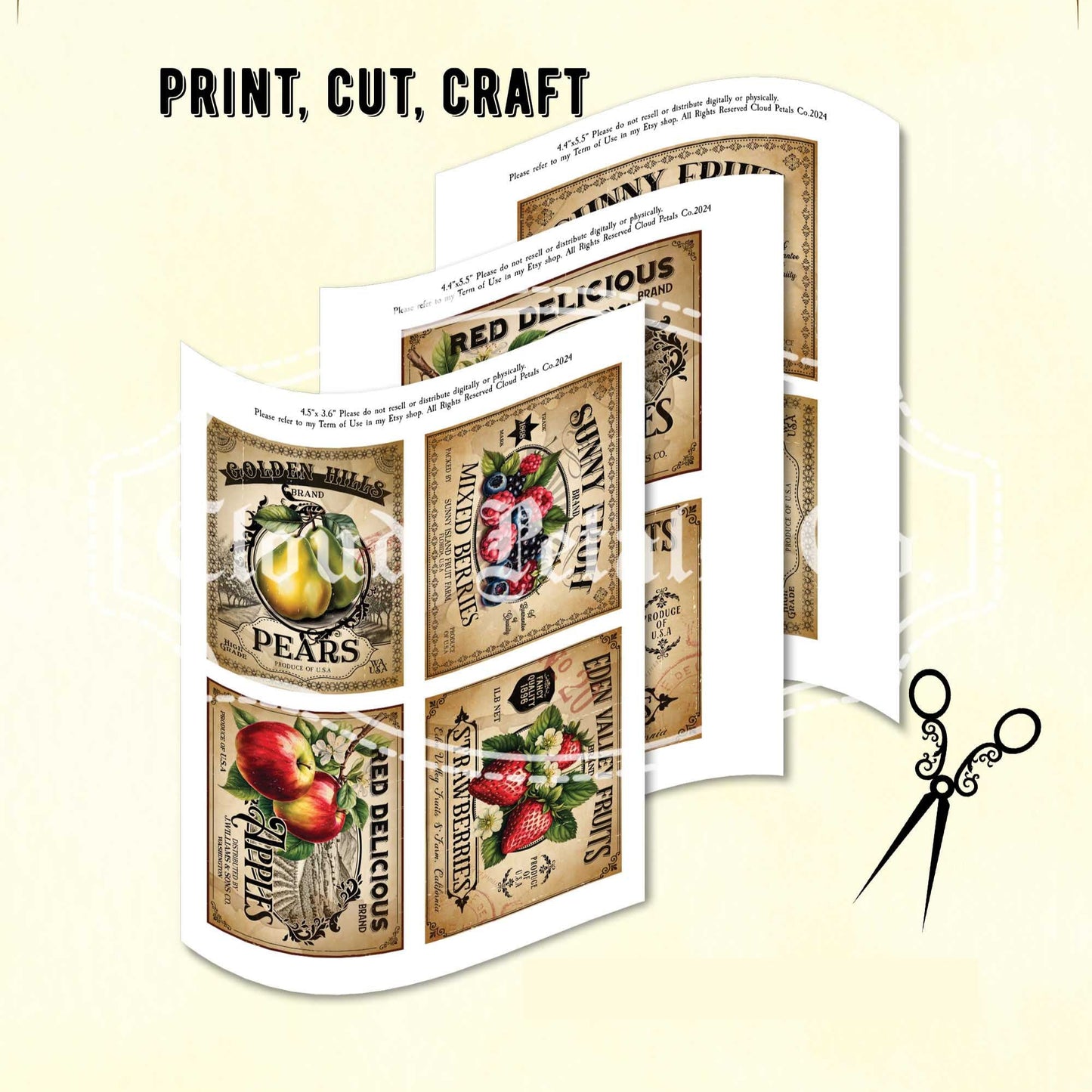 Vintage-style kitchen labels for fruits with a pair of scissors on a beige background.