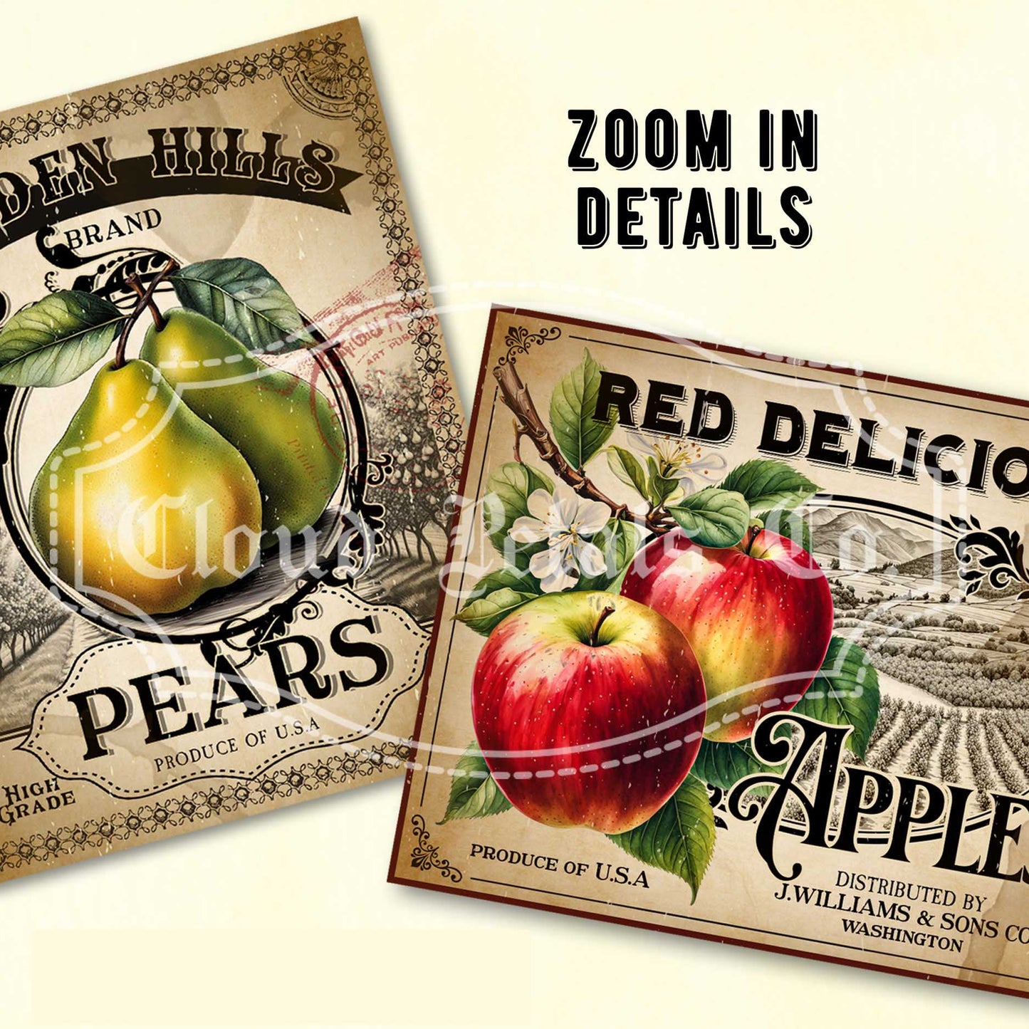 Vintage-style kitchen labels for pears and apples with brand name 'Golden Hills' and 'Red Delicious'.