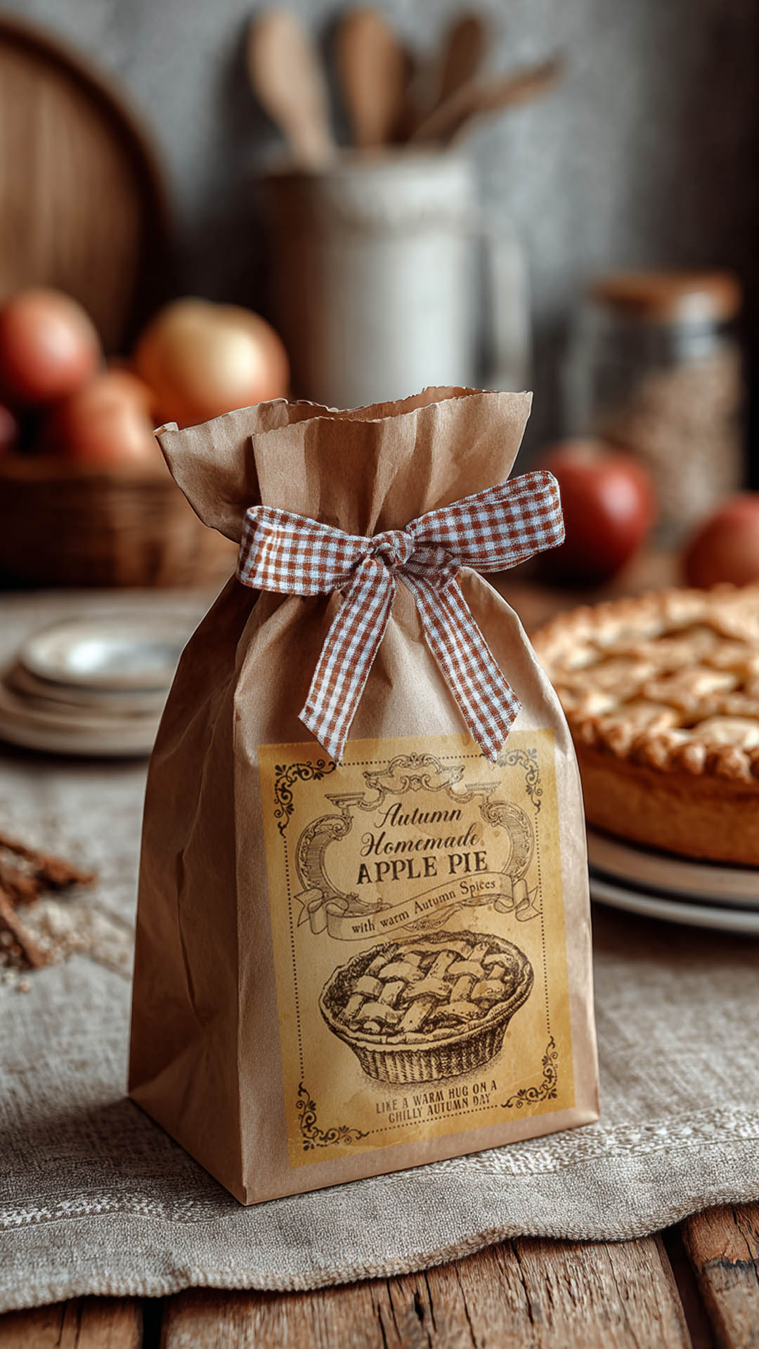 Fall apple pie label on a paper bag