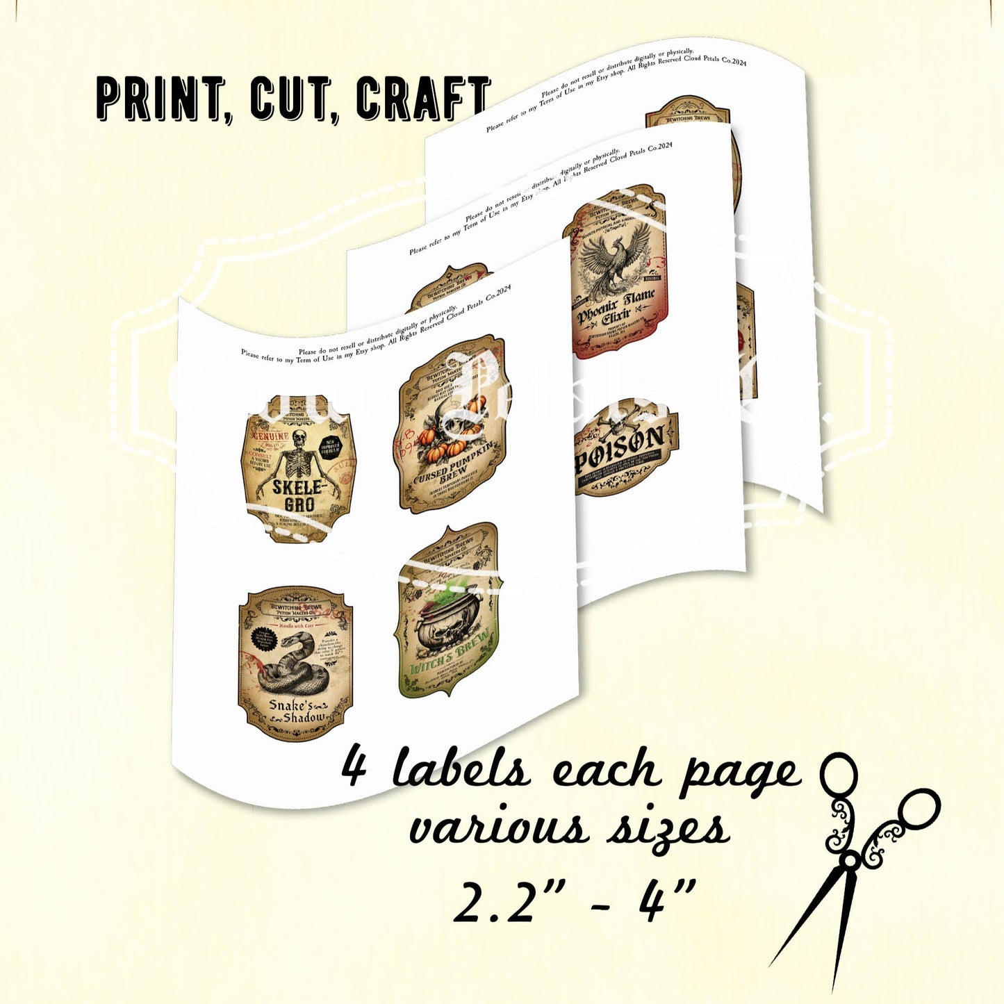 Vintage-style Halloween labels for witch/wizard with text and illustrations on a beige background.