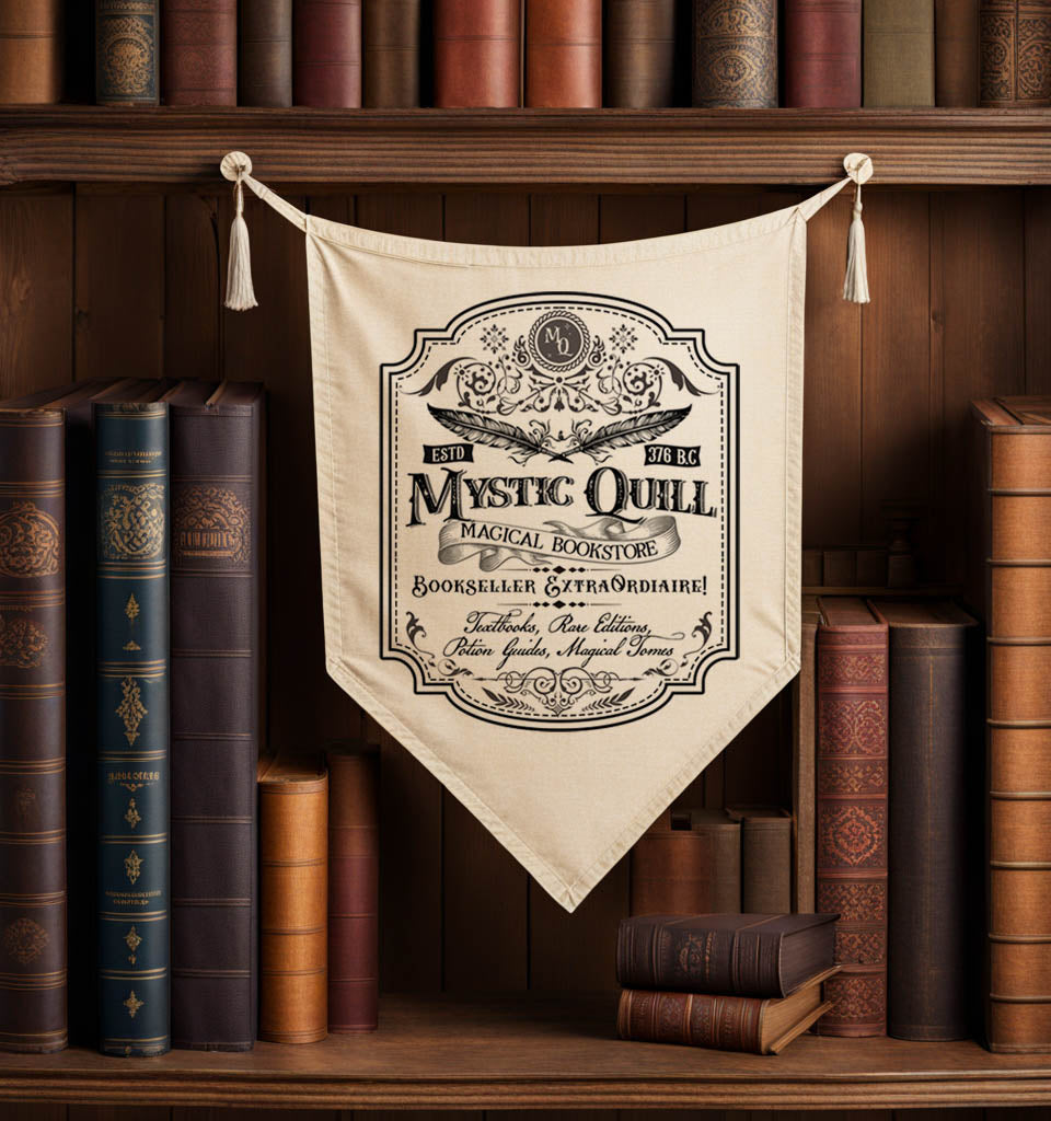 Banner with 'Mystic Quill' design hanging on a bookshelf with vintage books.