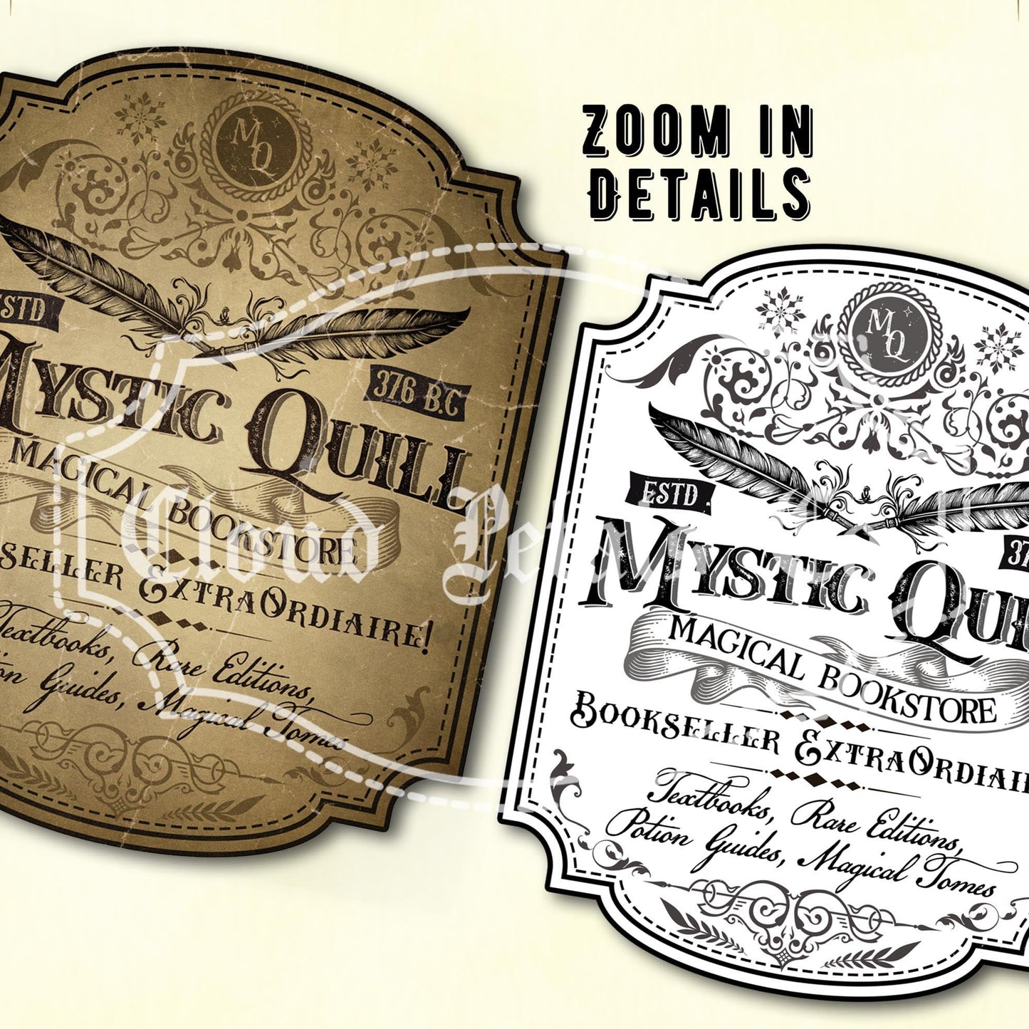 Vintage-style Halloween wizard bookstore sign with 'Mystic Quill' branding.