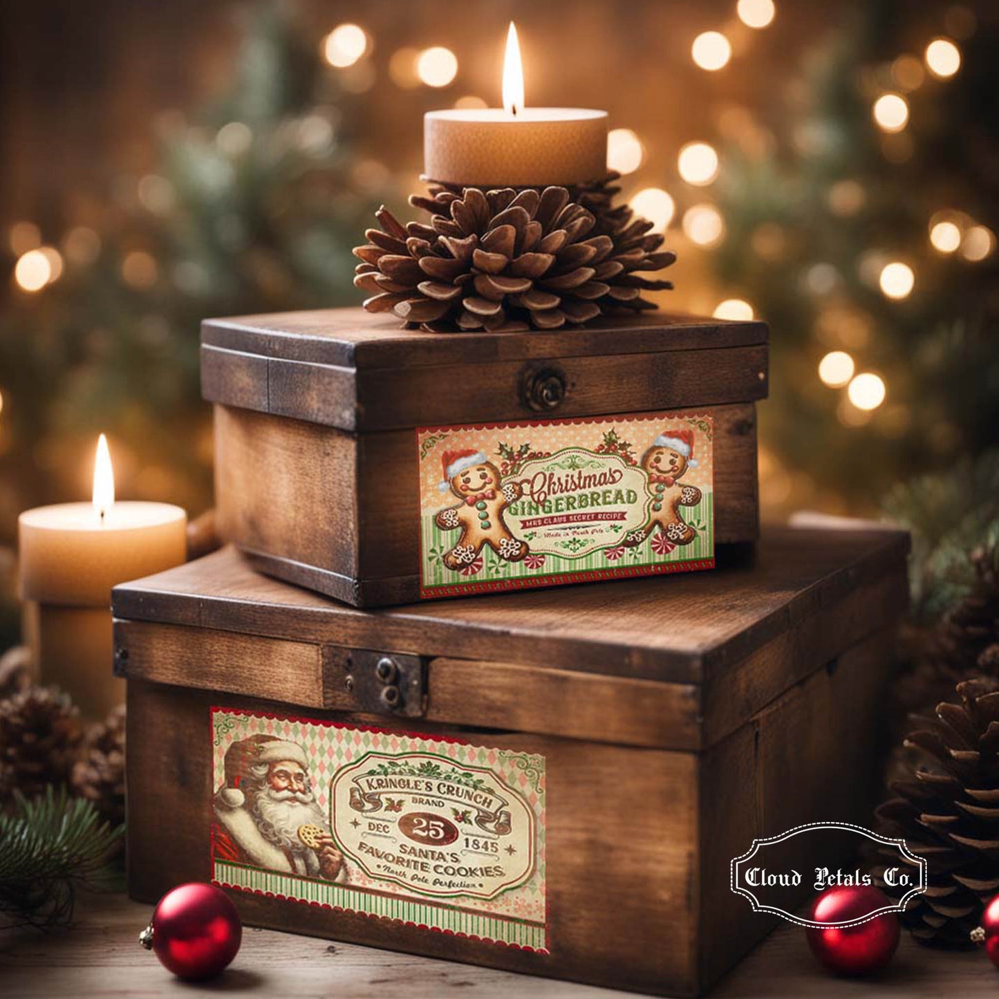 Wooden Christmas boxes with festive labels and candles against a blurred background.