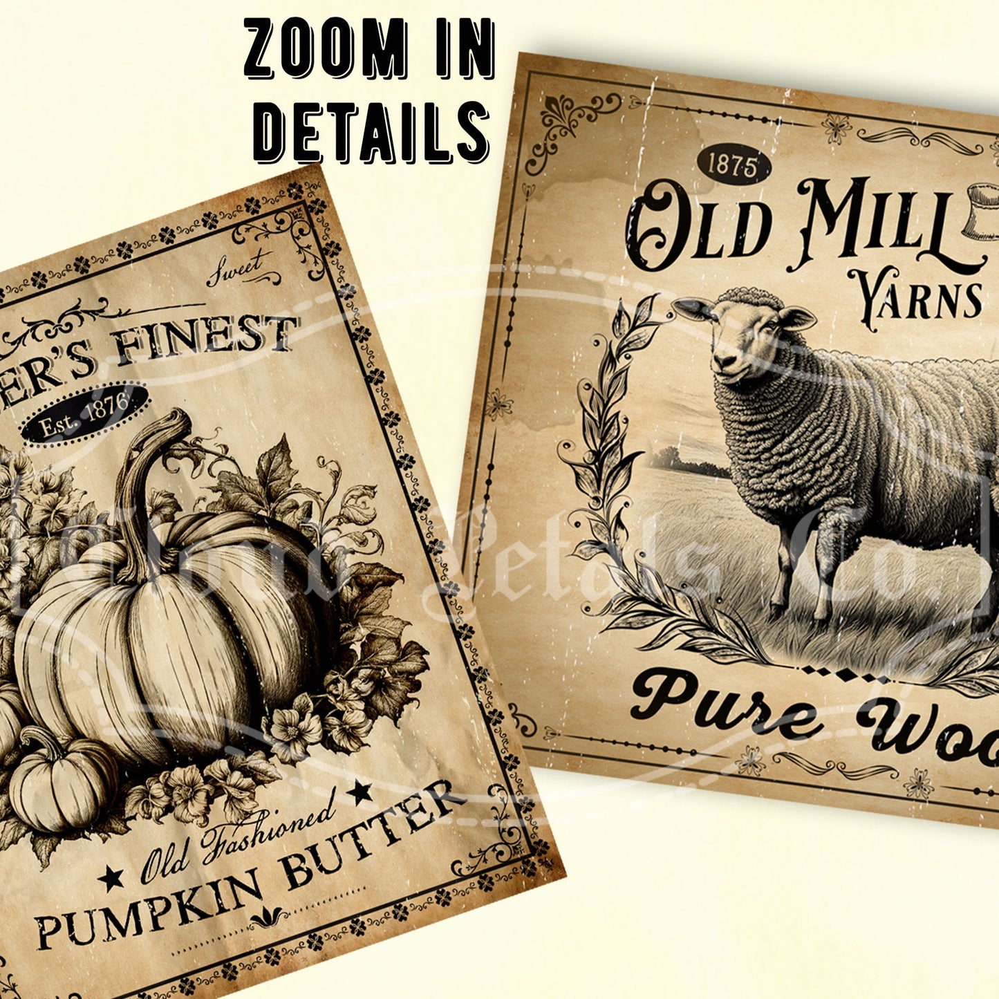 Vintage-style pantry labels with pumpkins and sheep on a beige background