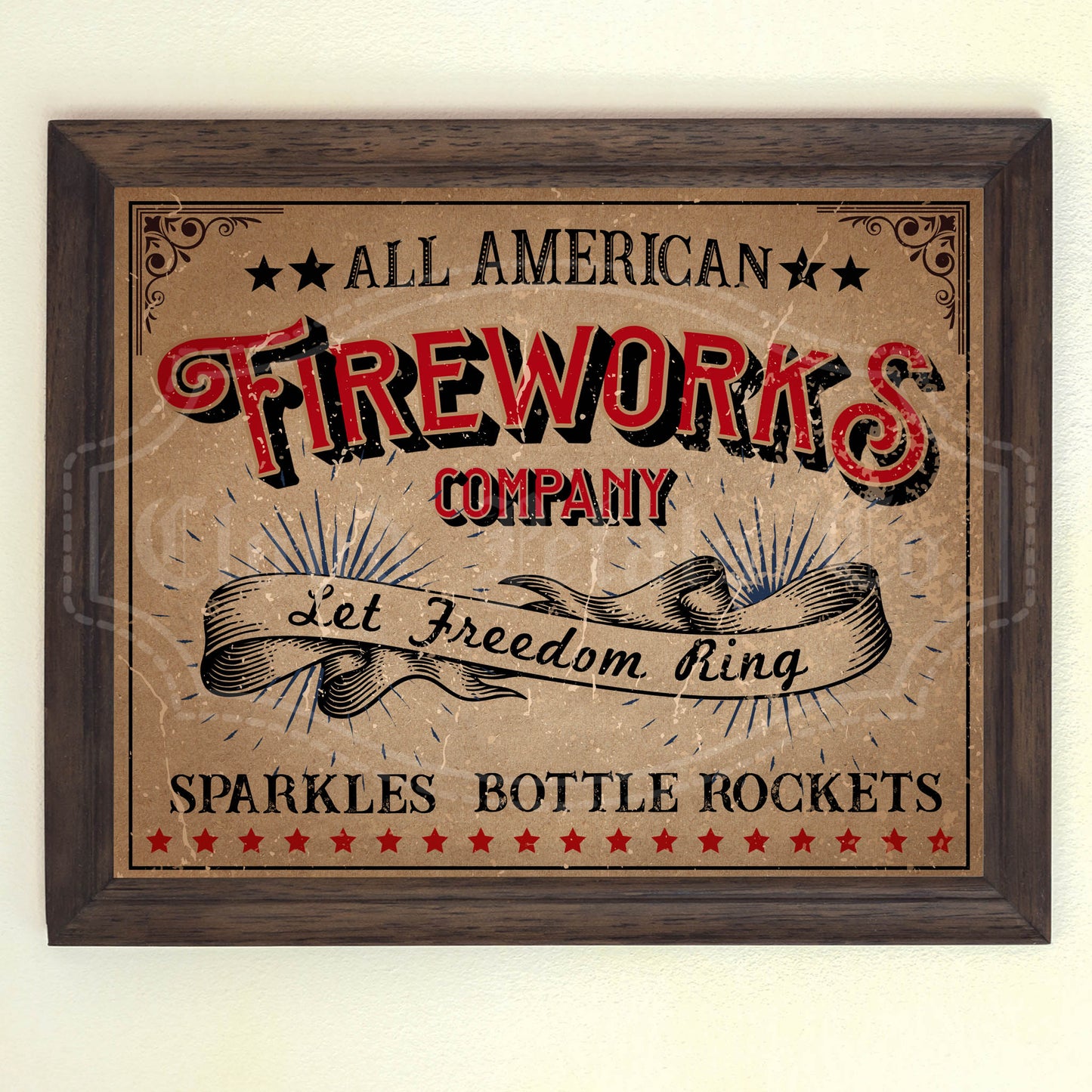 A vintage style 4th of July fireworks sign with the text 'All American Fireworks Company' and 'Let Freedom Ring' in red and blue colors, surrounded by stars on a rustic background.