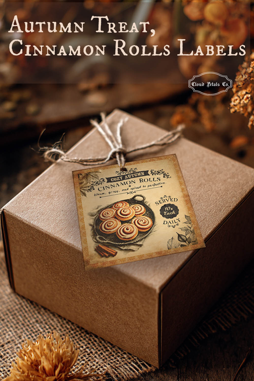 Cinnamon rolls label on a box with autumn-themed text and decorations.