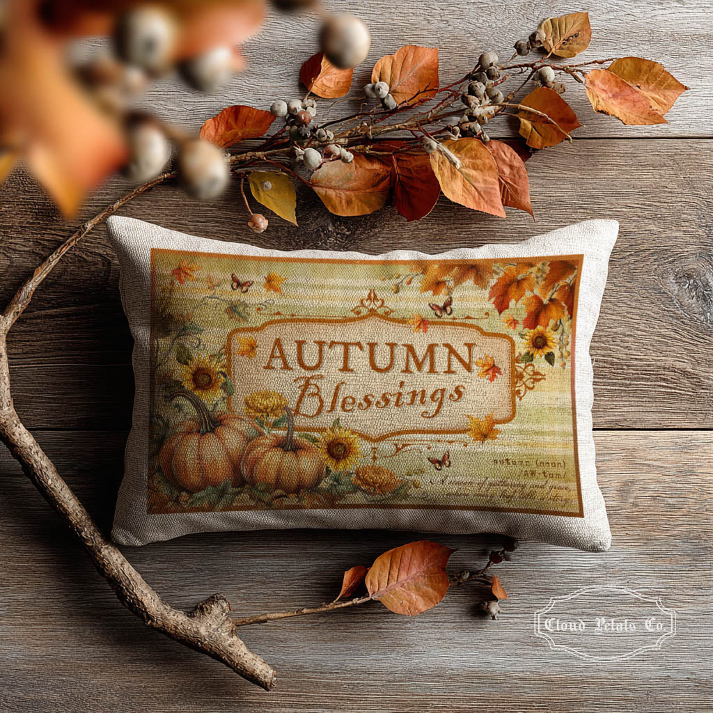 autumn blessings label printed on a pillow case