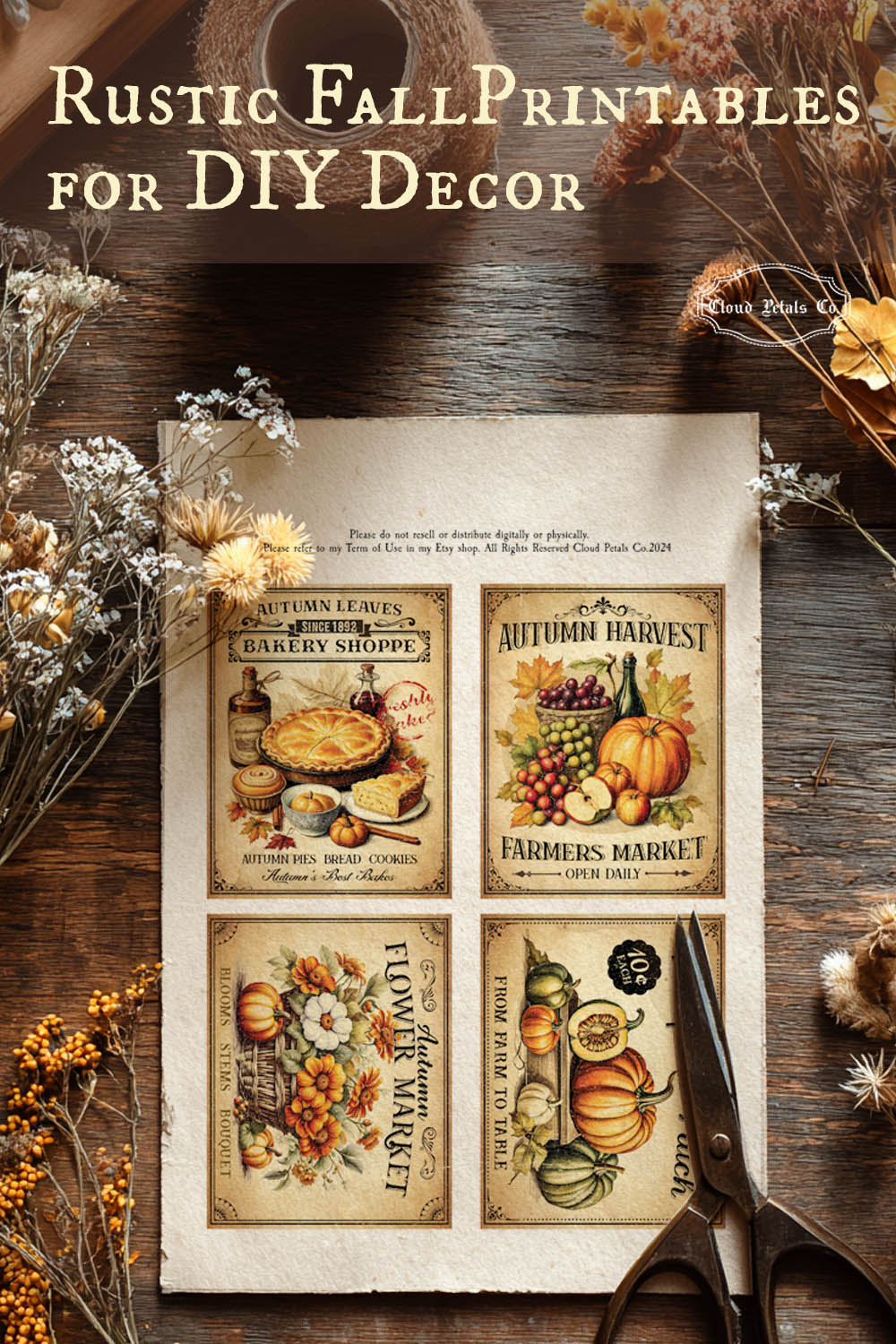 Rustic fall printables for DIY decor on a wooden surface with dried leaves and scissors.