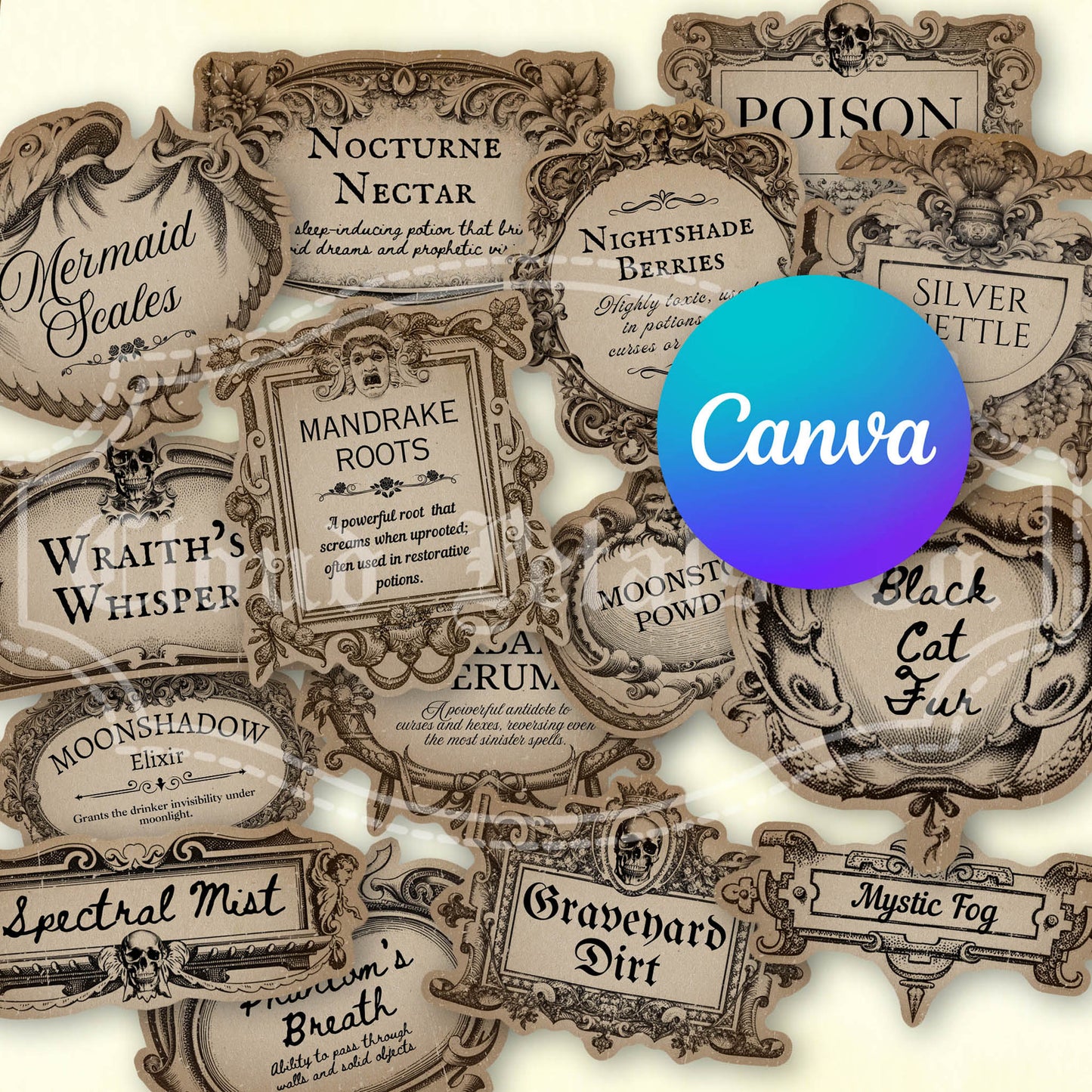 Gothic Halloween Potion Labels – Editable Vintage Canva Templates