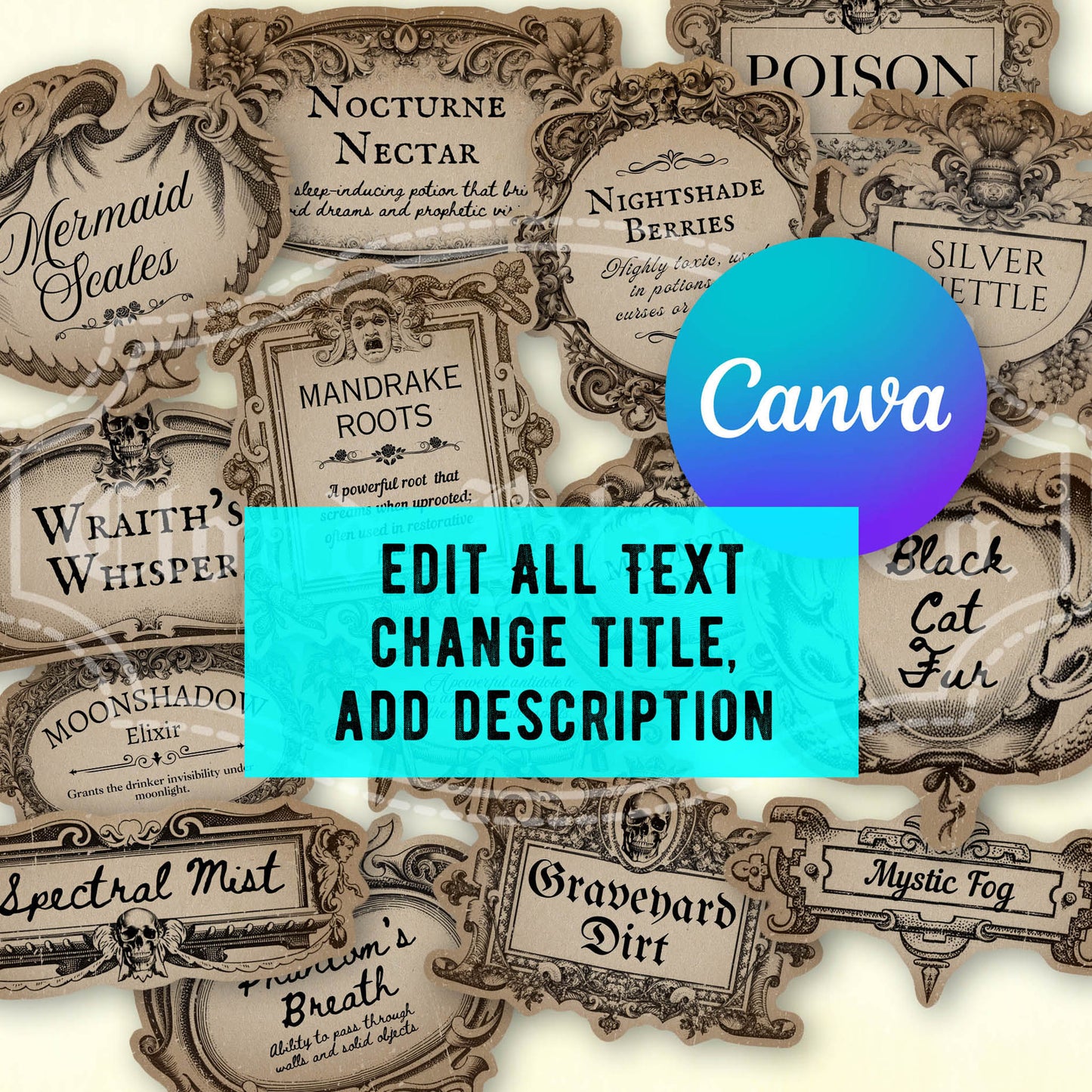 Gothic Halloween Potion Labels – Editable Vintage Canva Templates