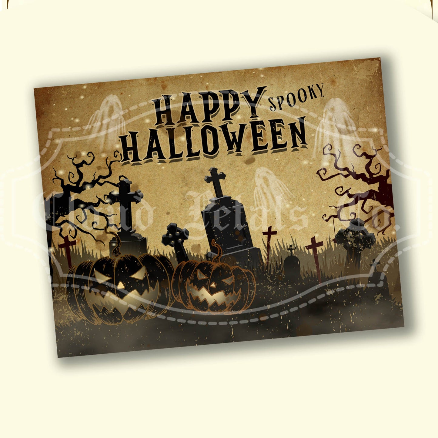 Vintage-style Halloween label with pumpkins, tombstones, and text on a brown background.