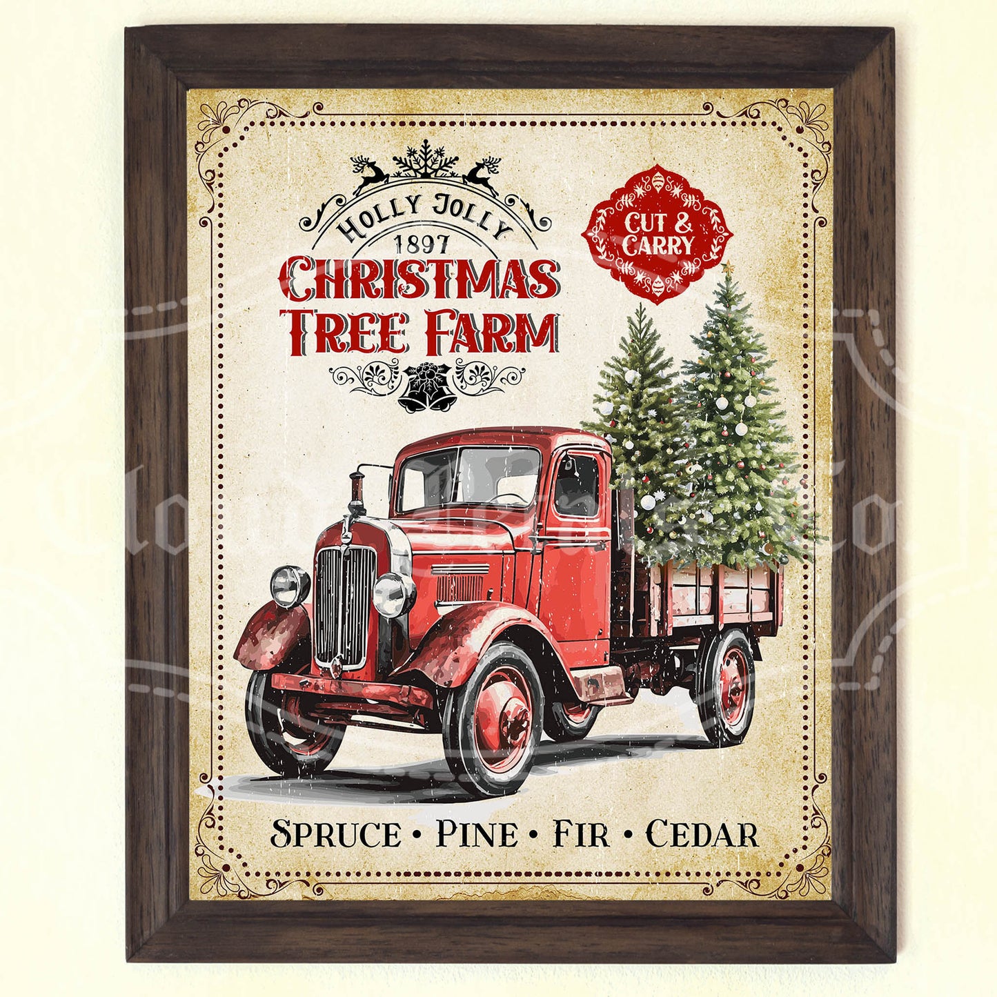 Vintage Christmas Tree Farm Sign – Red Truck Printable Wall Art PNG