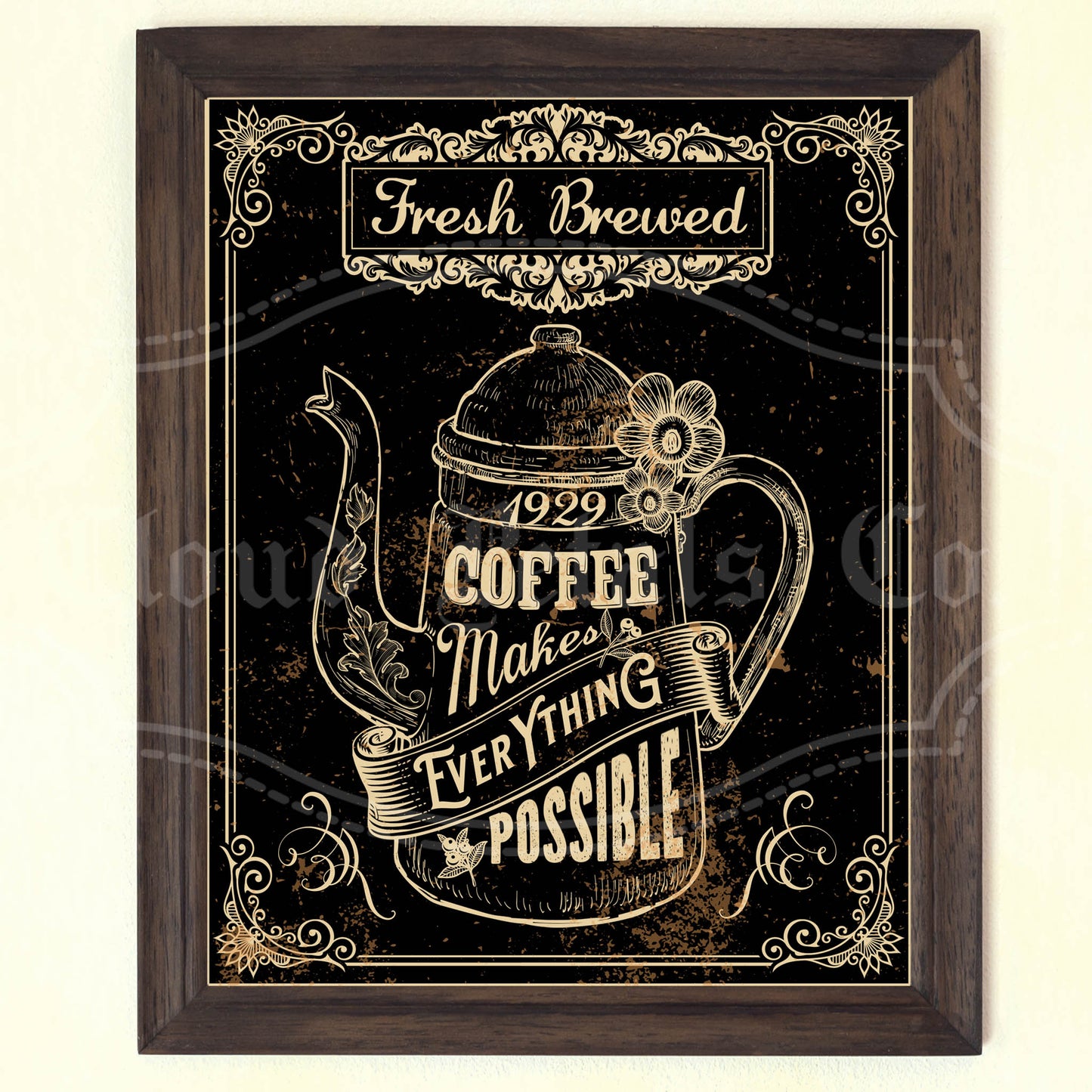 Vintage-style coffee poster with a teapot illustration and text on a dark background.