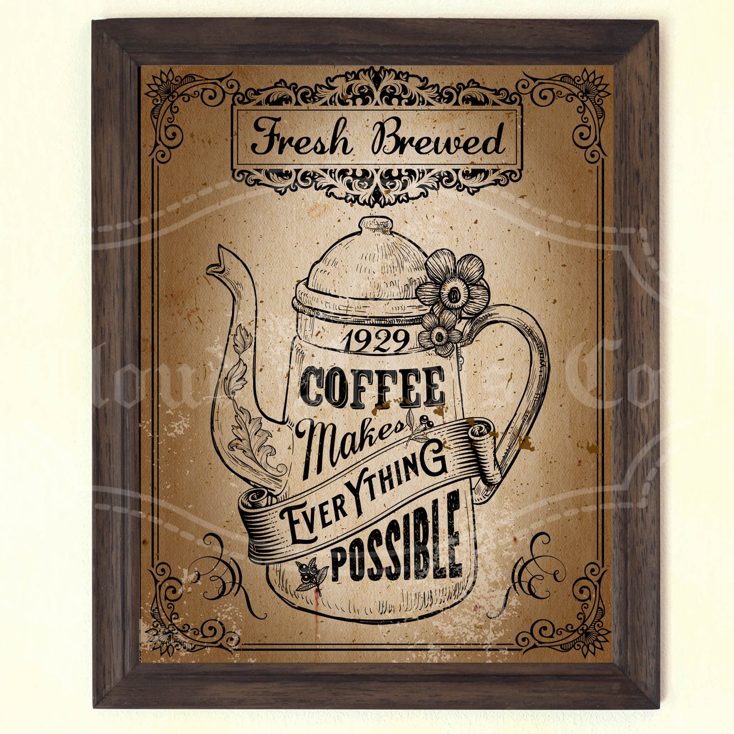 Vintage-style coffee poster with a teapot illustration and text on a brown background.
