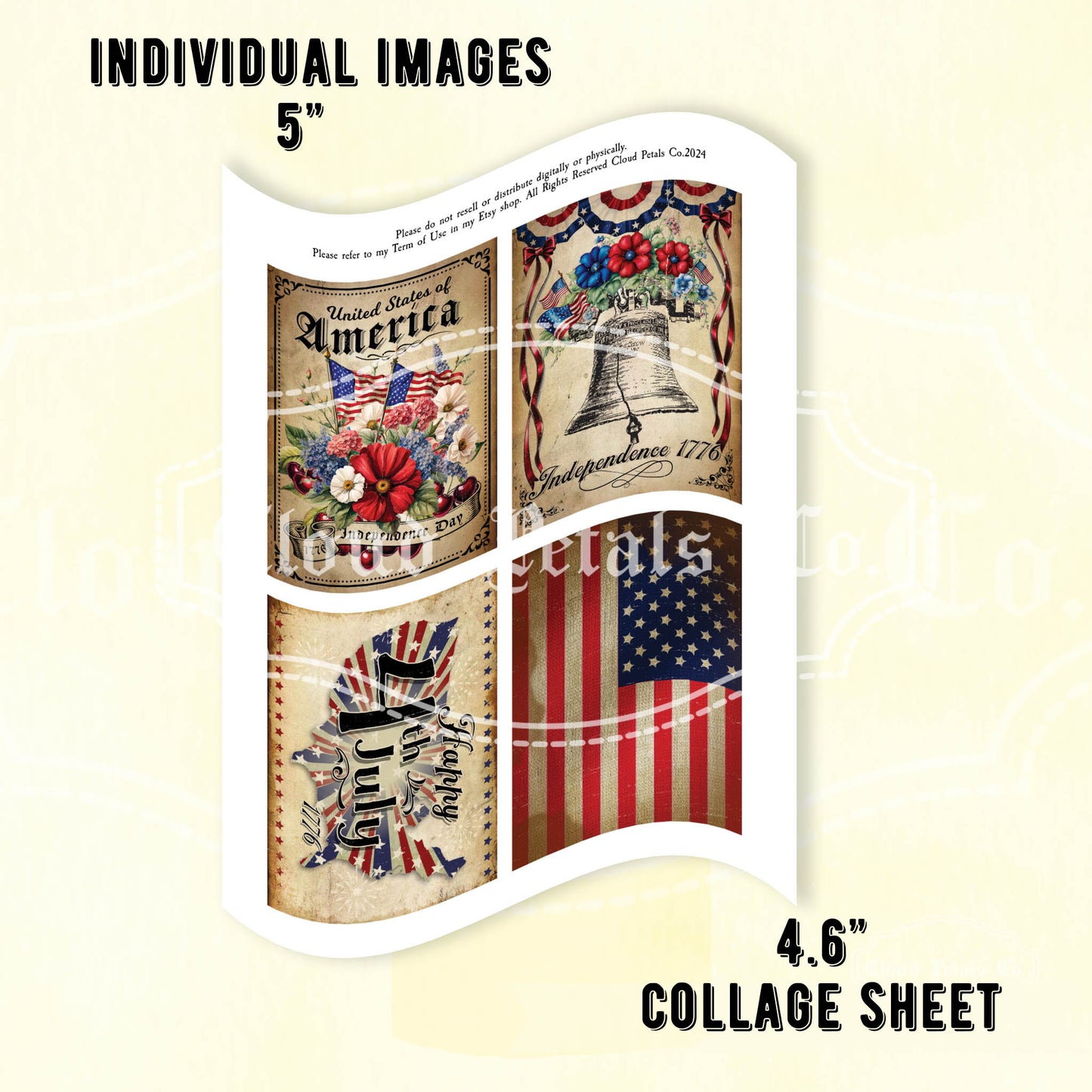 Collage sheet with American-themed designs including flags and text on a beige background.