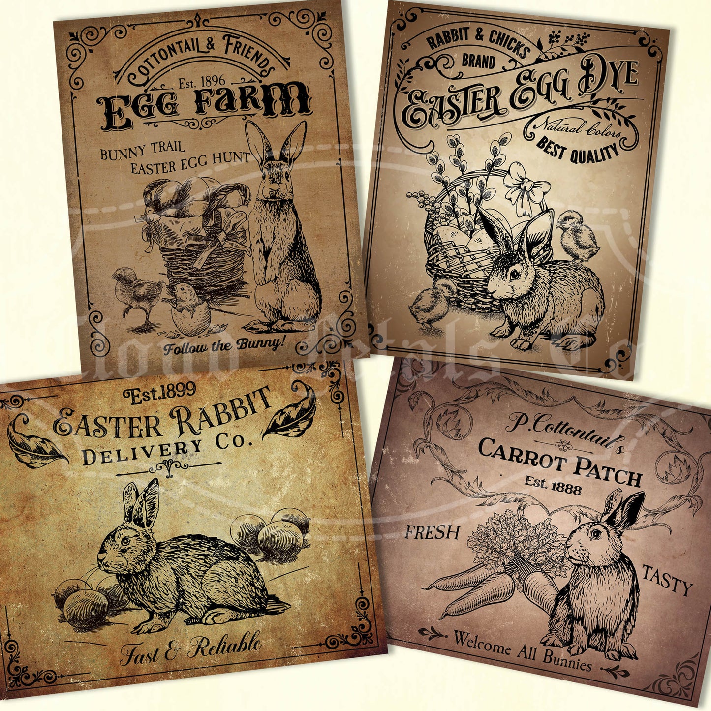 Vintage Easter Bunny Labels Bundle – Printable Egg Farm, Delivery Co. & Carrot Patch Tags