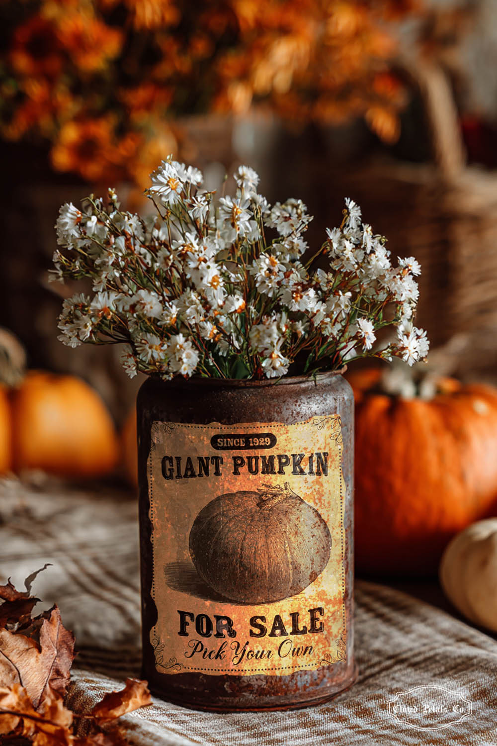 Decorative can with Giant Pumpkin label, decorated with dried flowers, pumpkins and autumn leaves.