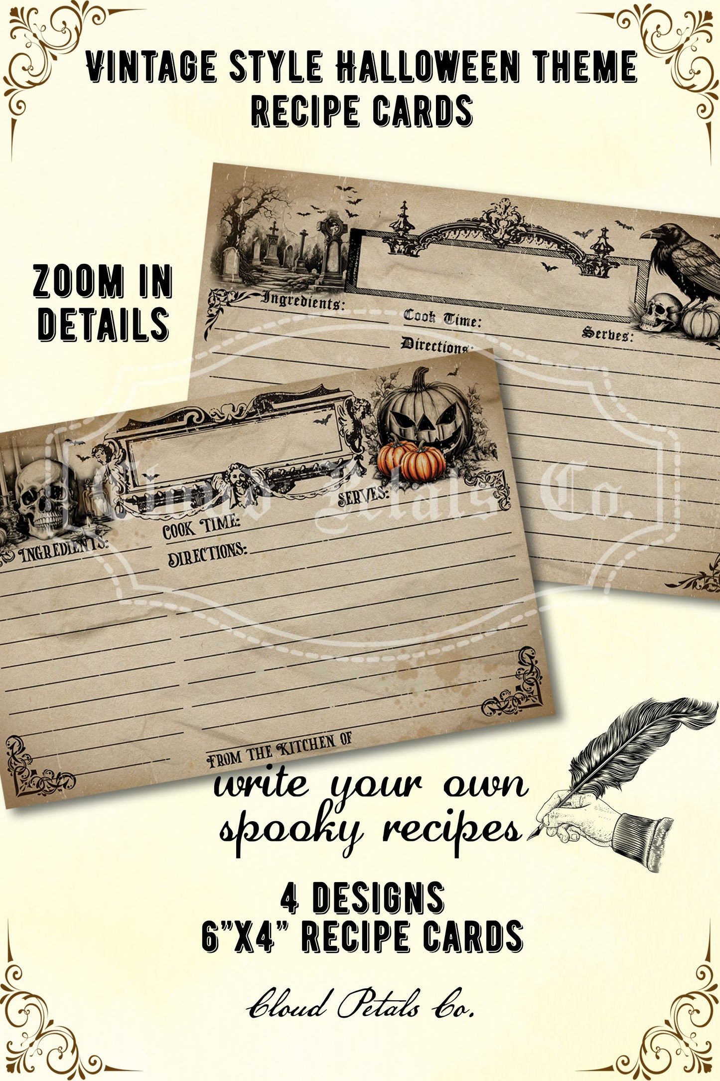 Vintage-style Halloween-themed recipe cards with illustrations and text.