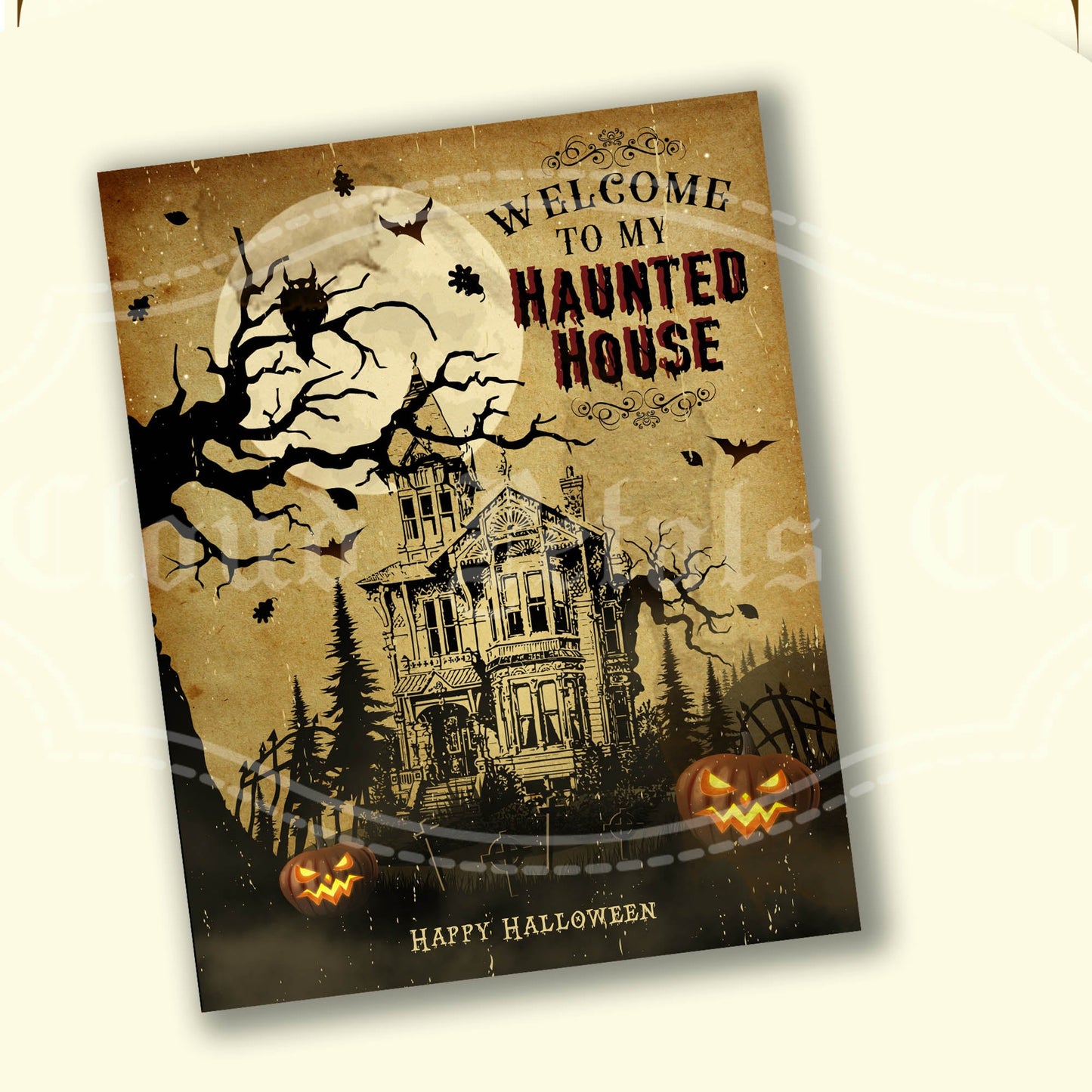 Vintage-style Halloween label with haunted house design on a beige background