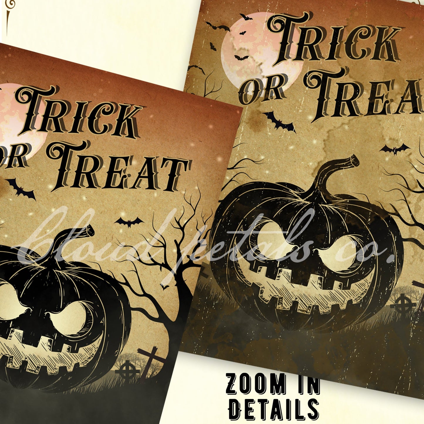 Vintage-style Halloween labels with pumpkins and text on a beige background.