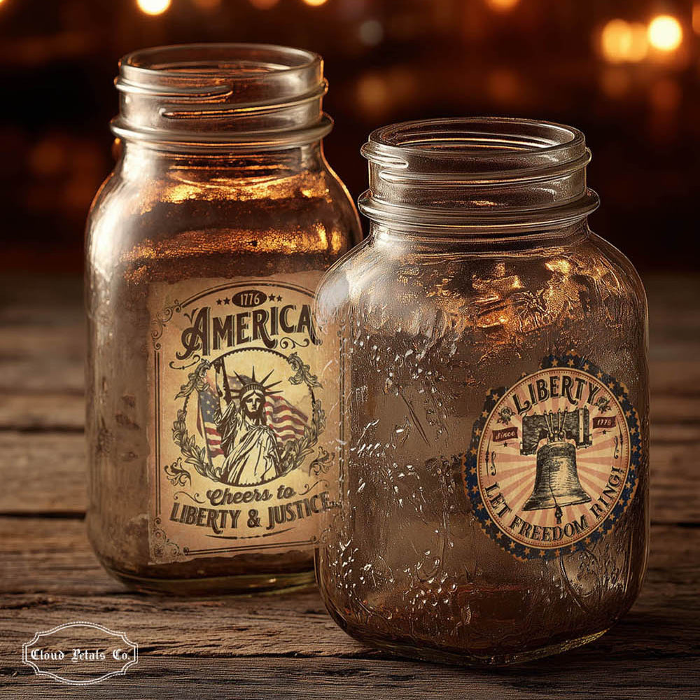 Two vintage-style mason jars with patriotic labels on a wooden surface.