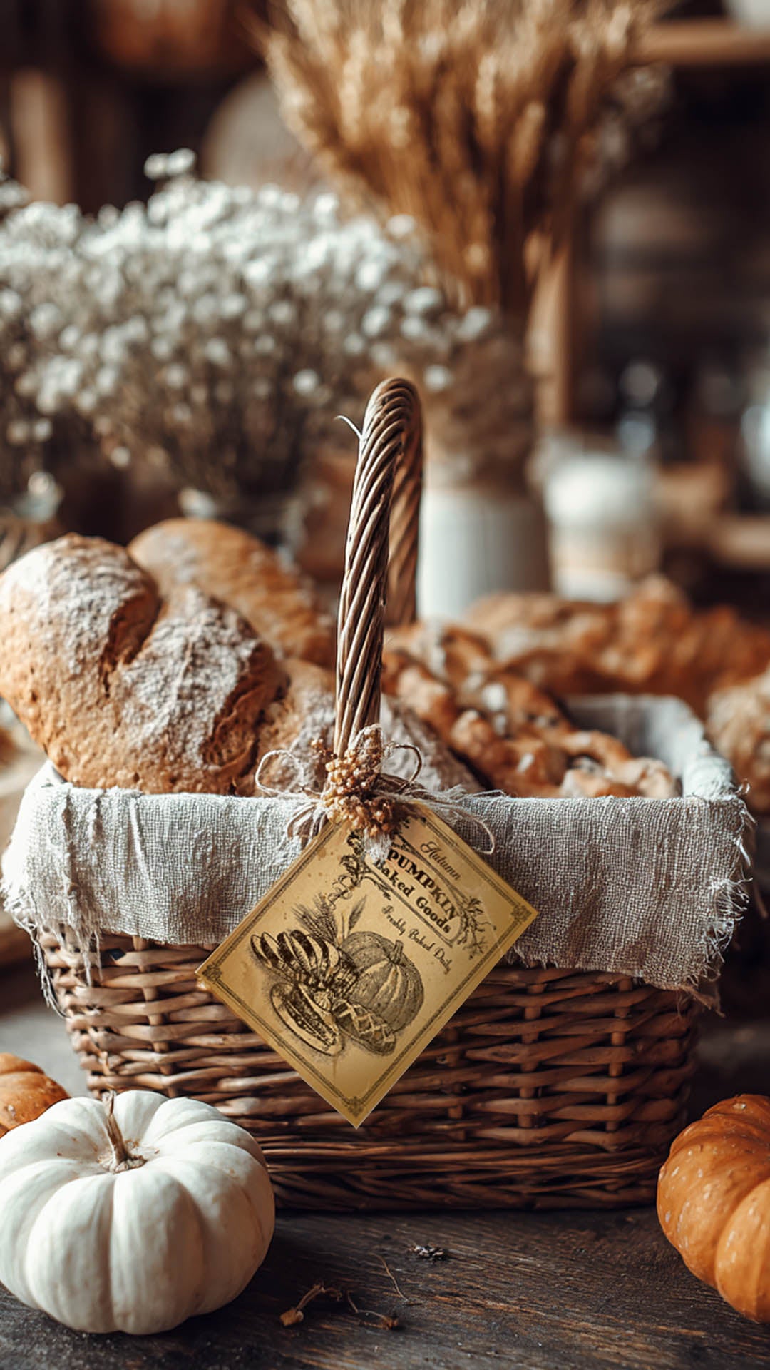 Wicker basket with bread and pumpkins on a wooden surface, featuring Pumpkin Bakery tag.