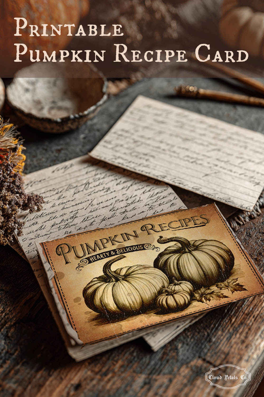 Printable pumpkin recipe card with pumpkins and text on a rustic background