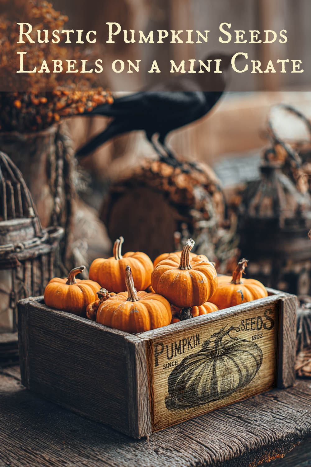 Rustic pumpkin seeds labels on a mini crate with pumpkins and a crow in the background.