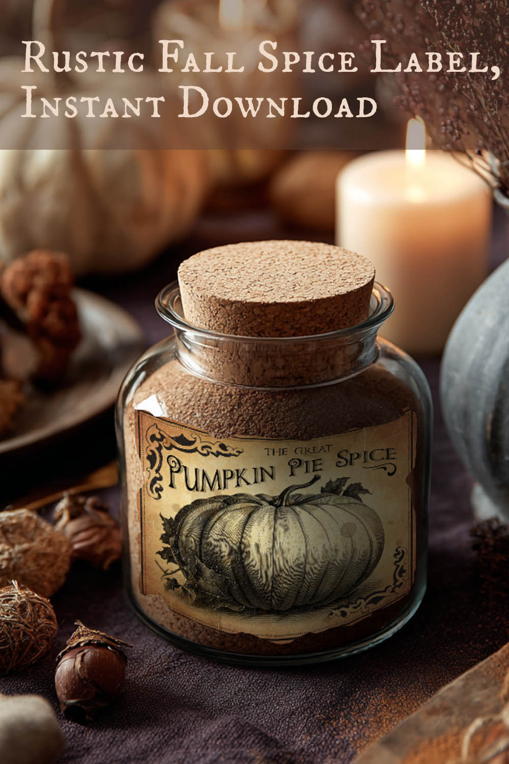 Jar of pumpkin spice with a rustic label on a wooden surface with pumpkins and a candle.