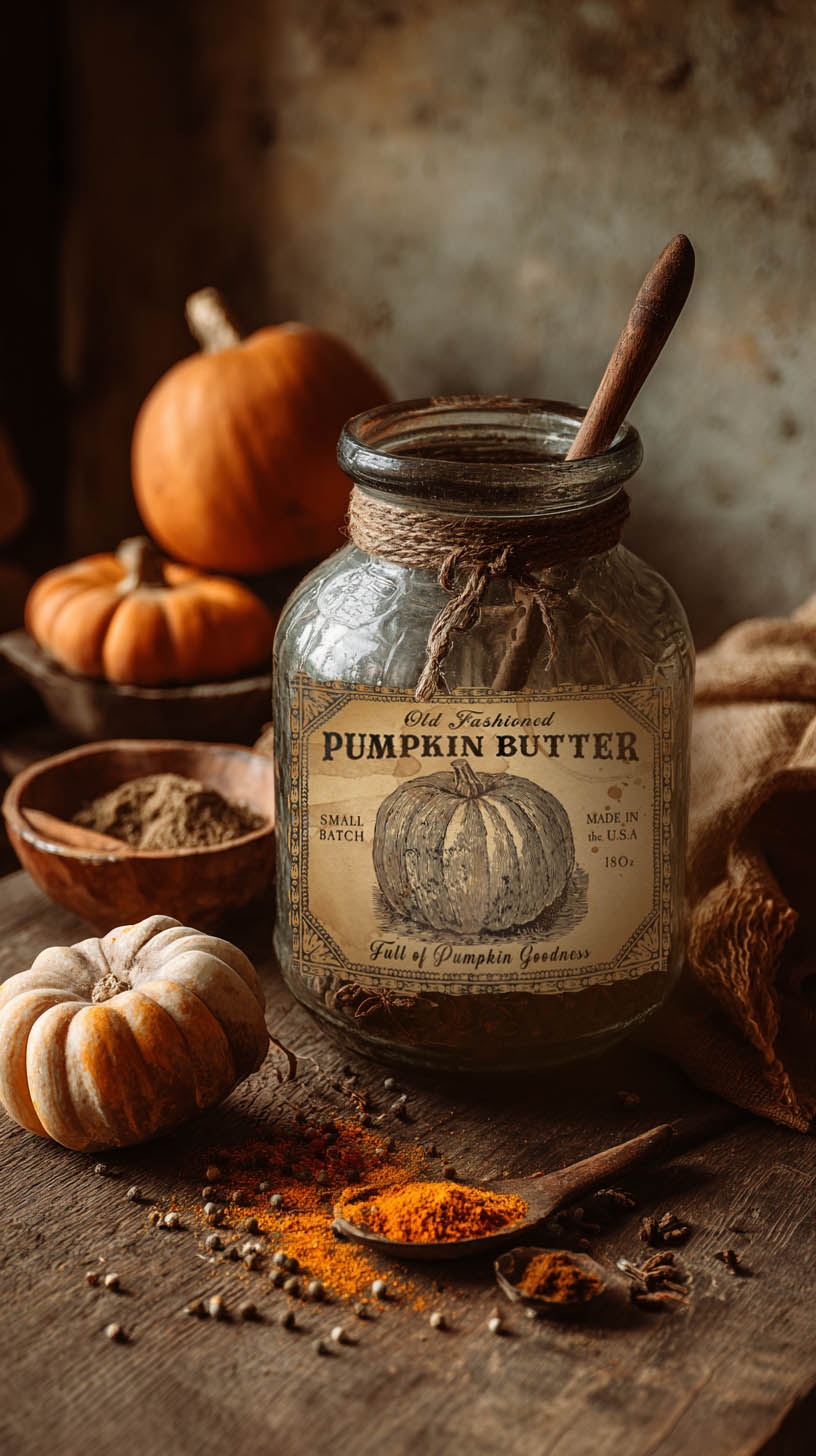 Jar of pumpkin butter with pumpkins and spices on a wooden surface