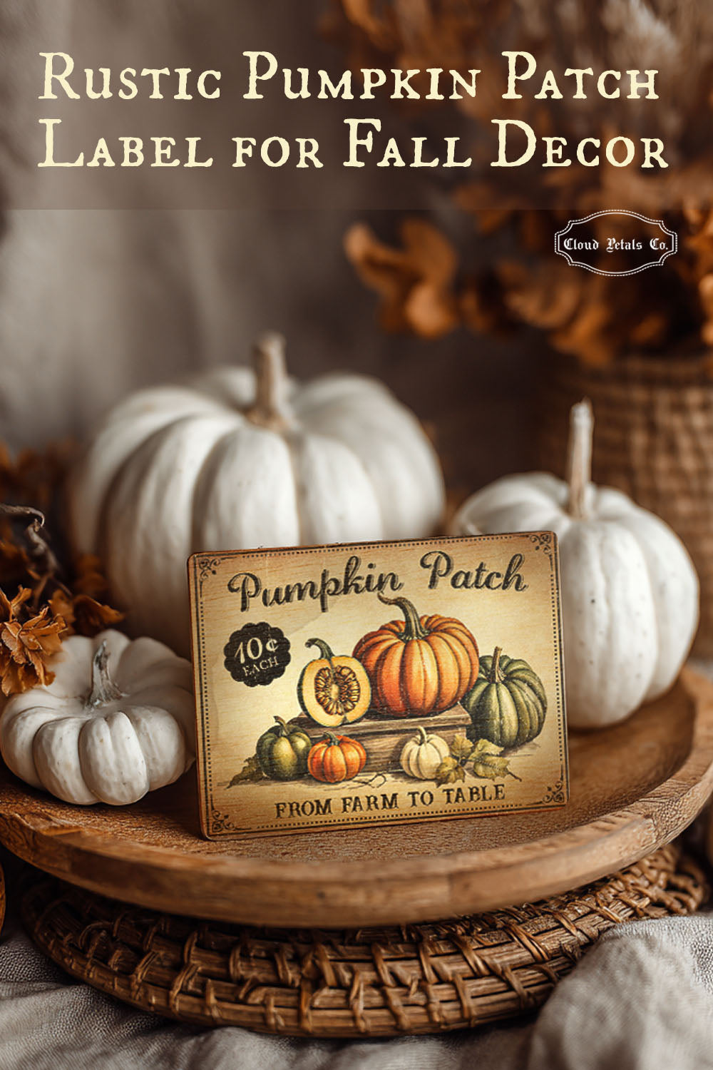 Rustic pumpkin patch label with pumpkins on a wooden surface