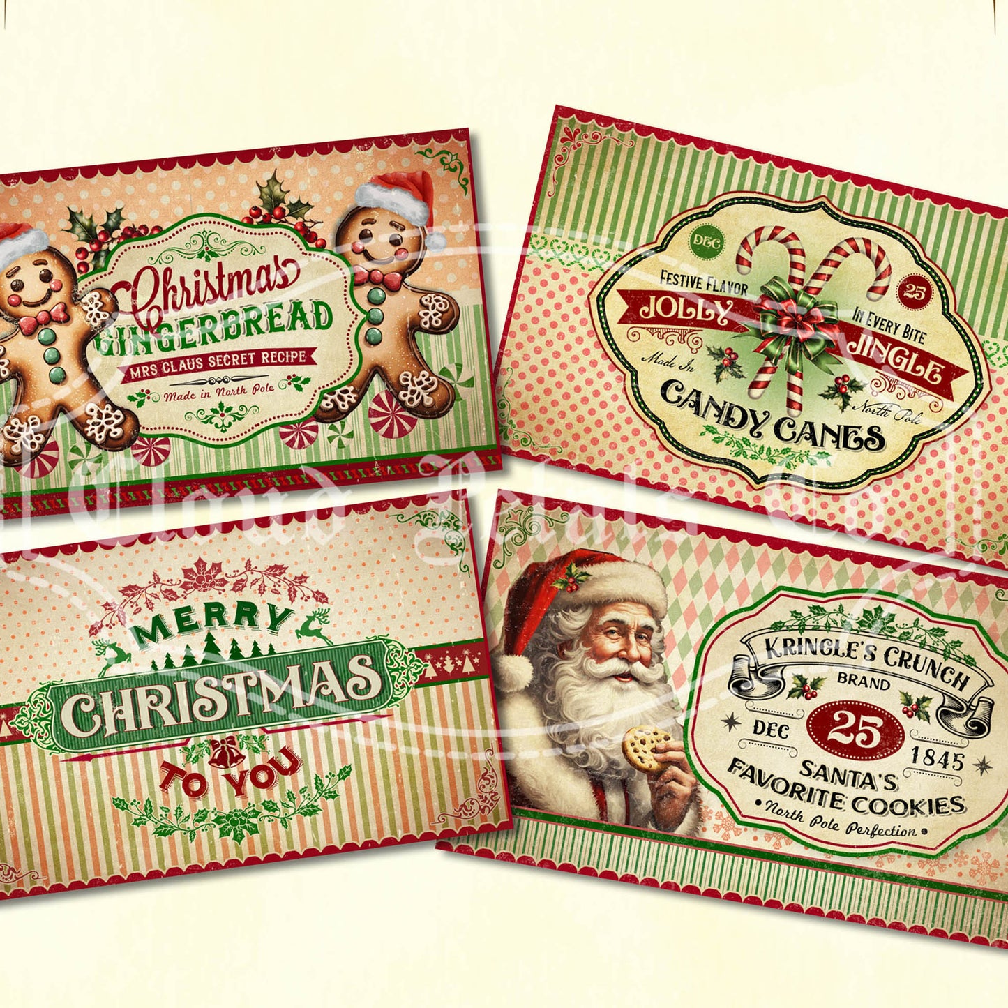 A collection of four vintage style Christmas labels with different designs, including Santa Claus, Christmas treats like gingerbread and candy canes, and festive patterns.