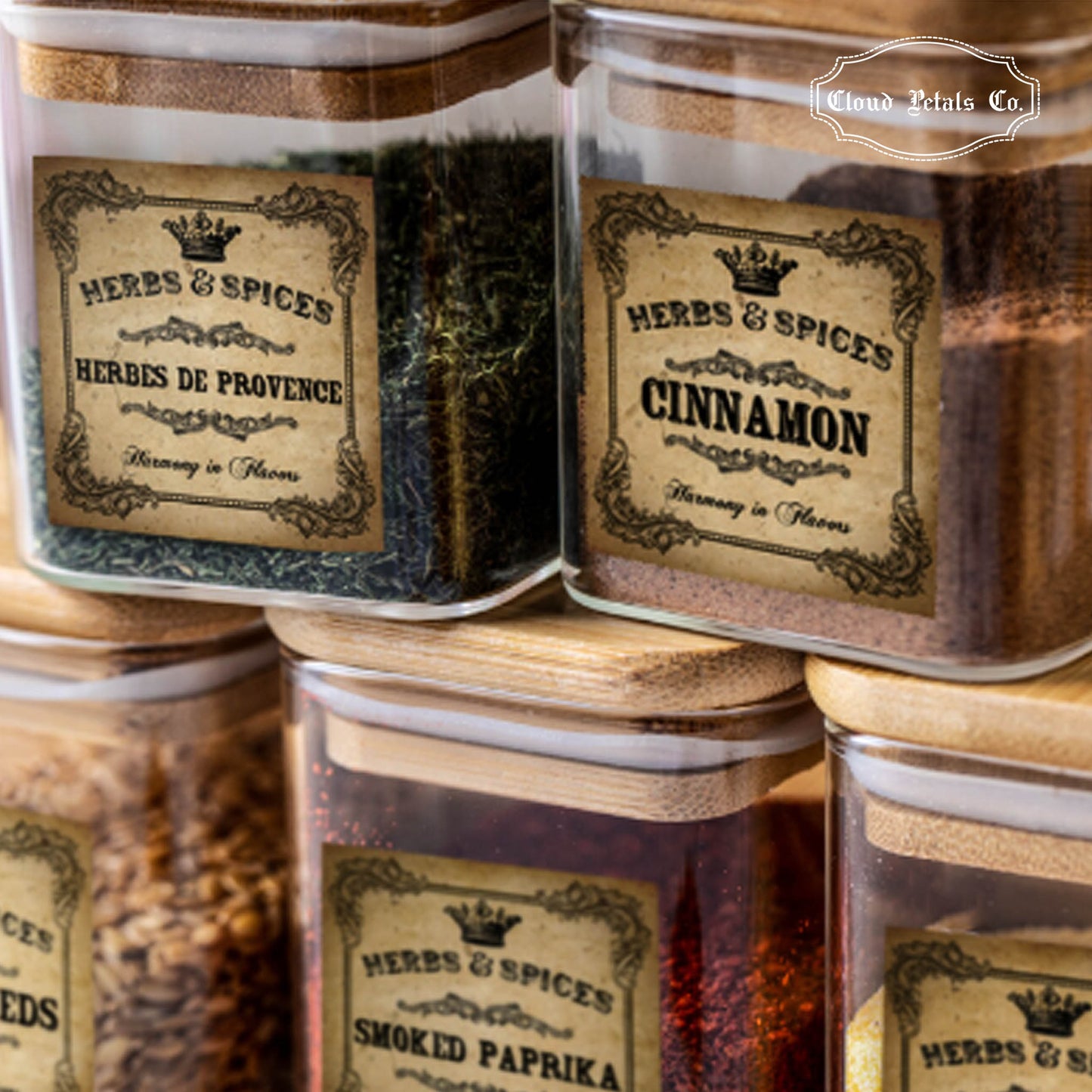 spice labels on glass jars