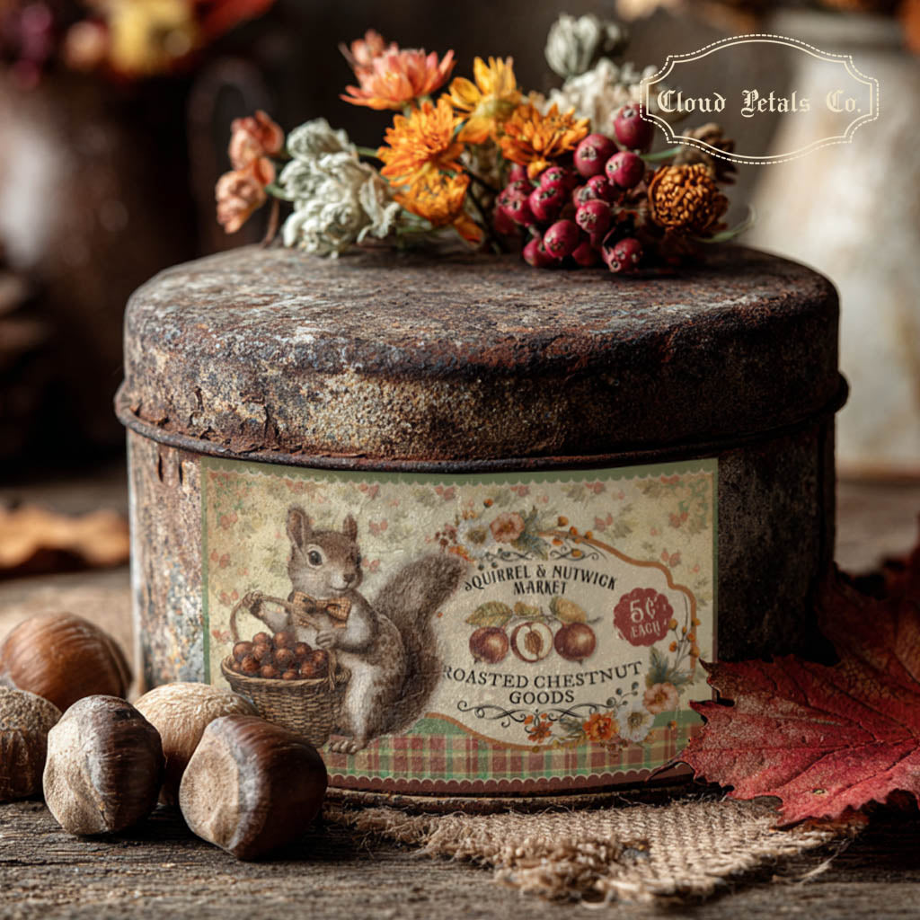 squirrel label on a rusty can