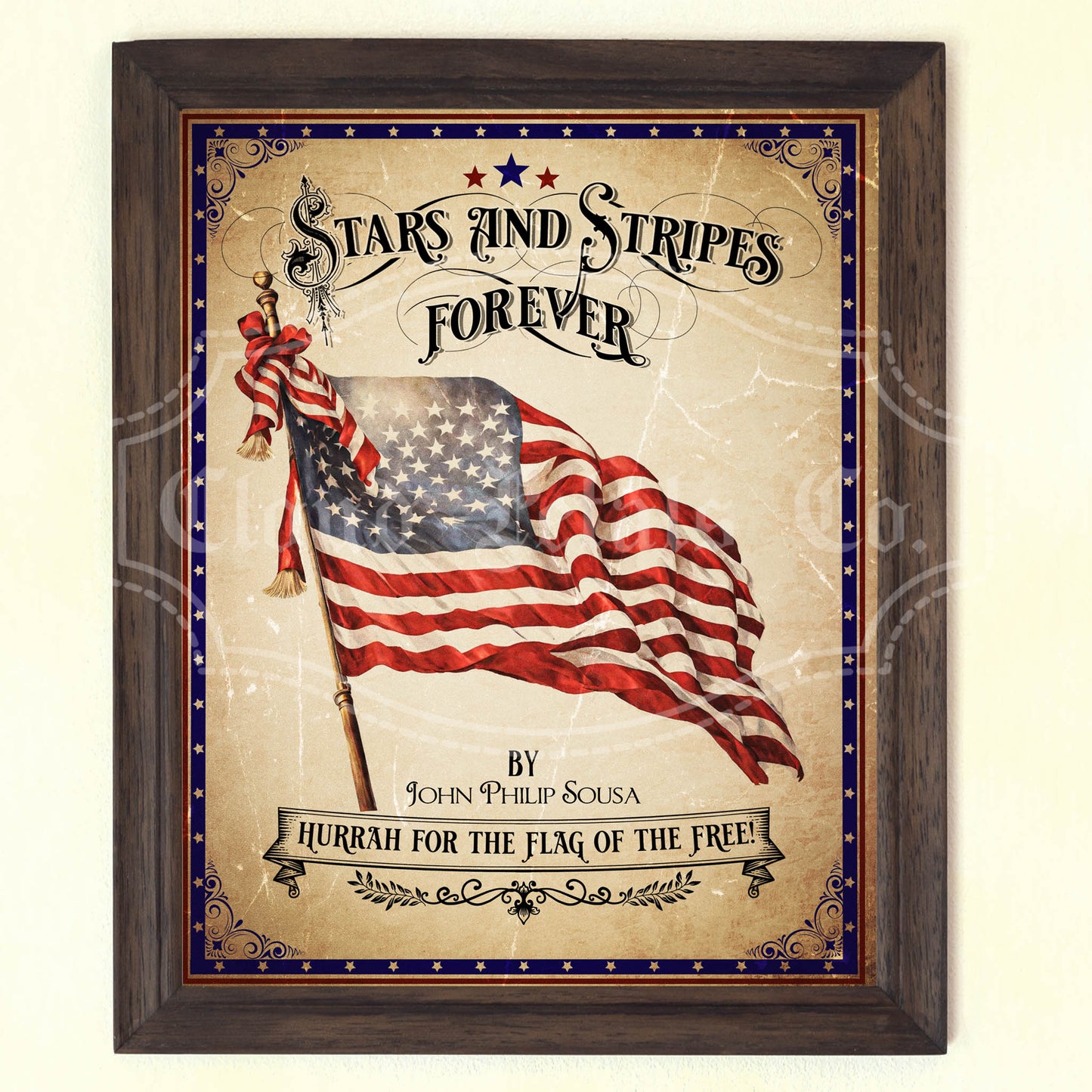 A vintage style 4th of July wall decor featuring the American flag with the text 'Stars and Stripes Forever' and the signature of John Philip Sousa.