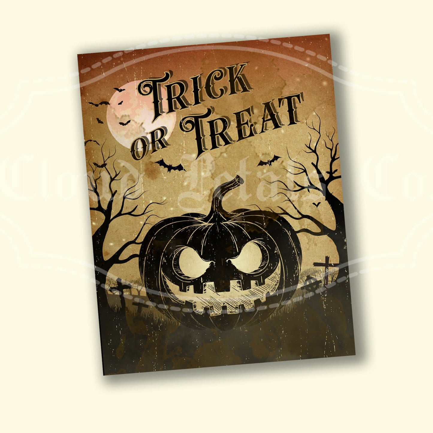 Vintage-style Halloween label with a pumpkin and 'Trick or Treat' text on a textured background.