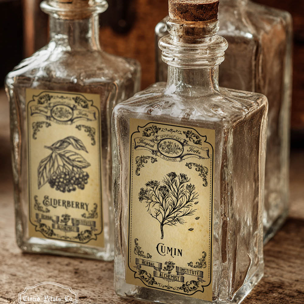 vintage apothecary labels on glass jar