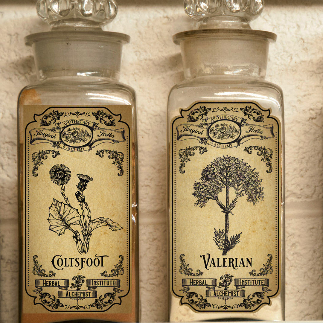 vintage apothecary labels on vintage glass jar
