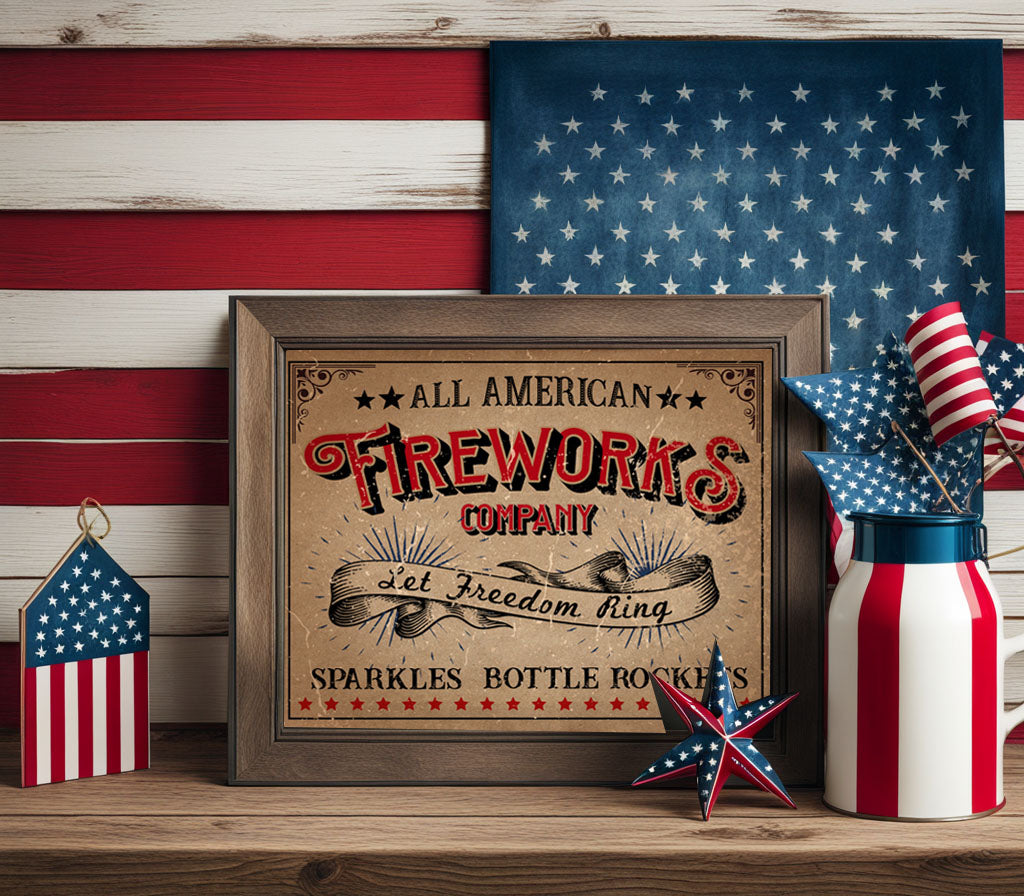 vintage fireworks sign with americana background